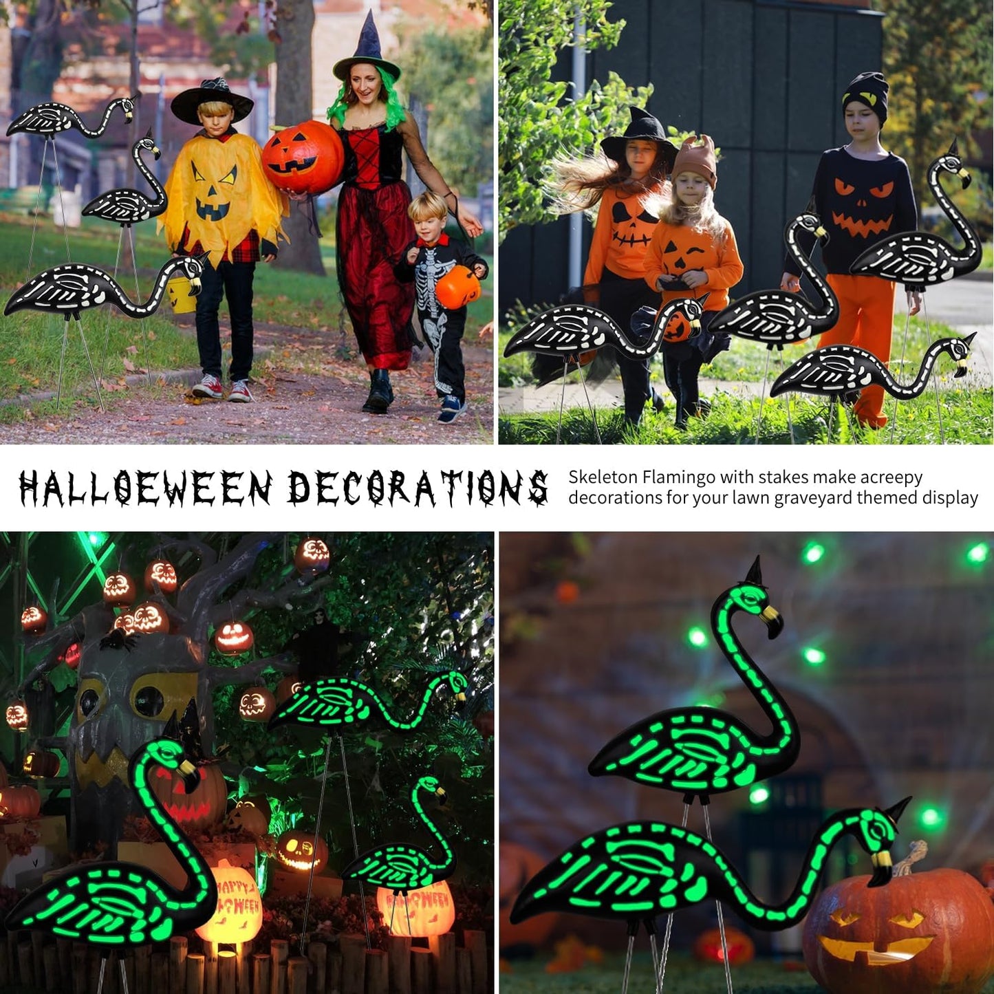 TitTees Halloween Decorations 2 Pack Black Flamingo Skeleton, Zombie Flamingos for Spooky Graveyard Decor, Skull Flamingo with Stakes for Halloween Lawn Ornaments