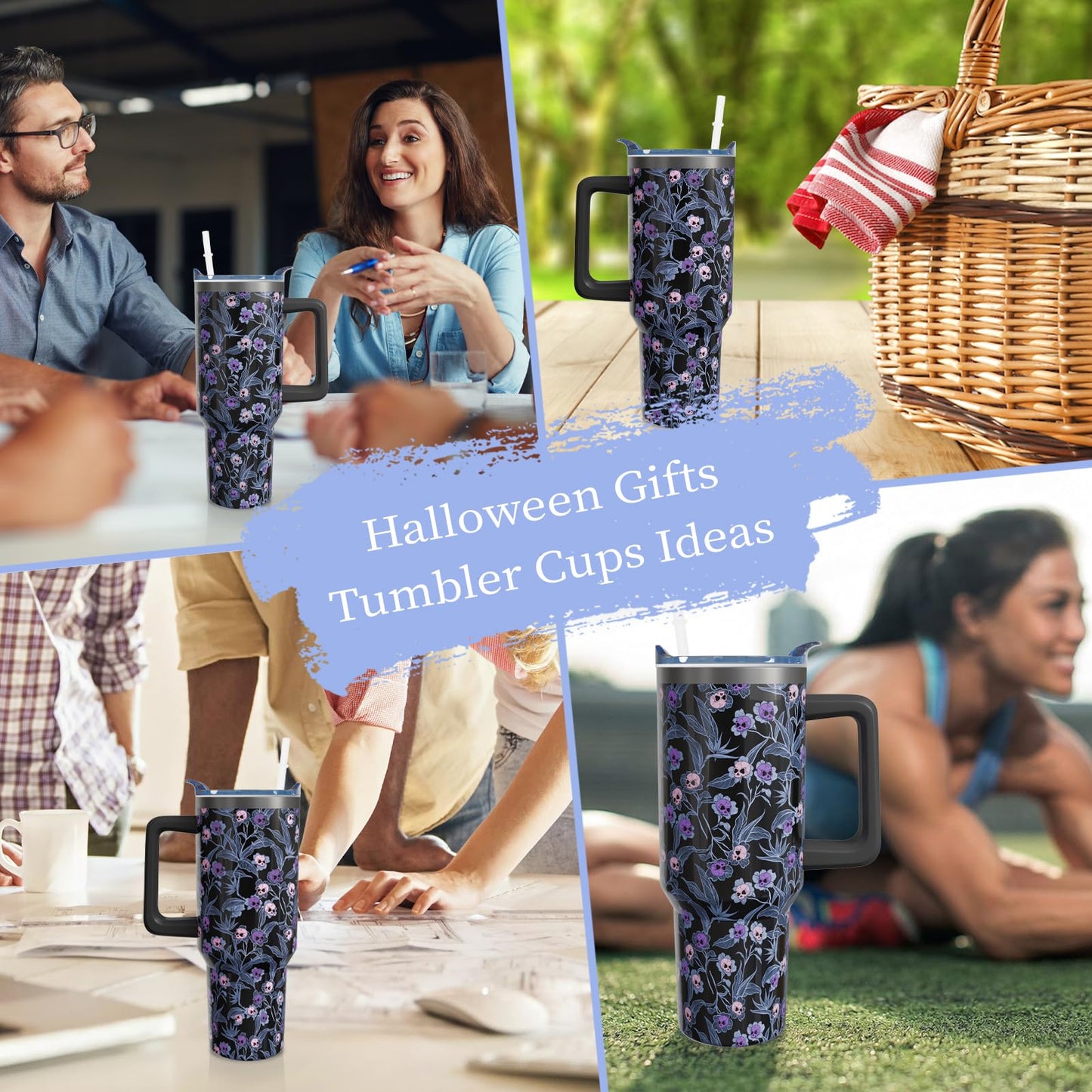 Aokoyi 40oz Halloween Gothic Tumbler with Handle and Straw, Goth Skull Stainless Steel Insulated Cup Water Bottle, Halloween Holiday Gifts for Women Men (1PC)