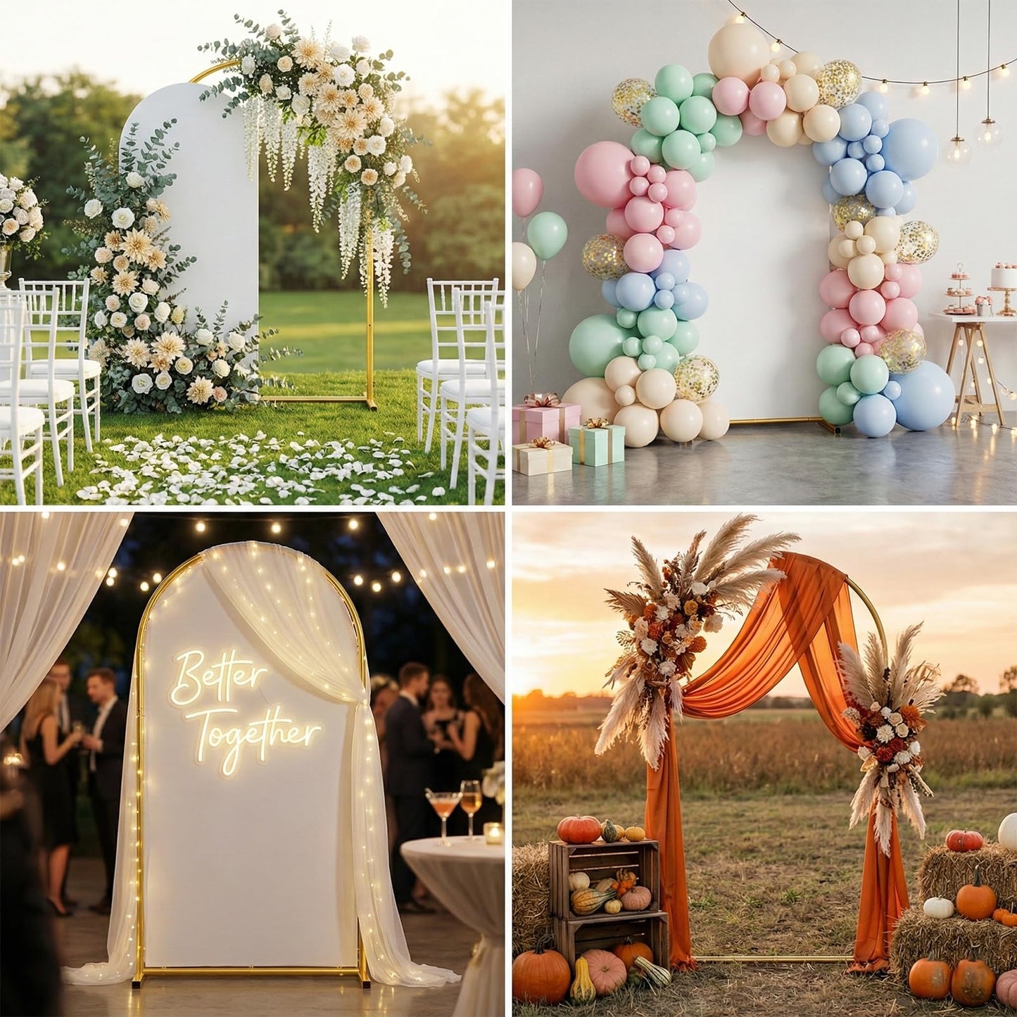 Arch Backdrop Stand and Cover Set, 7.2 x 4FT Gold Metal Wedding Arch for Ceremony, Heavy Duty Balloon Arch Stand with White Spandex Cover for Birthday Party, Baby Shower, Graduation, Event Decor