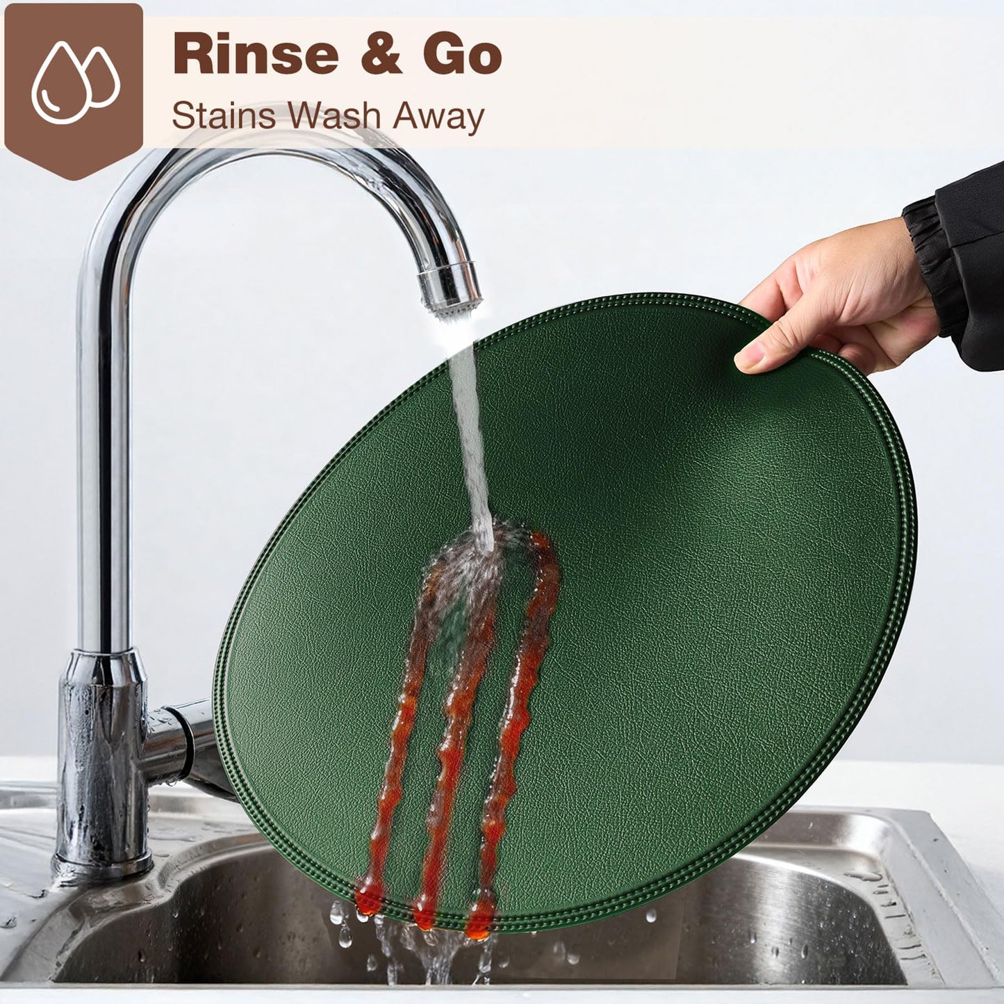Rinpon Round Vinyl Green Placemats Set of 6, Faux Leather Waterproof Wipeable Heat Resistant Place Mats, Washable Table Mats for Halloween, Thanksgiving & Christmas Dinner(Green)