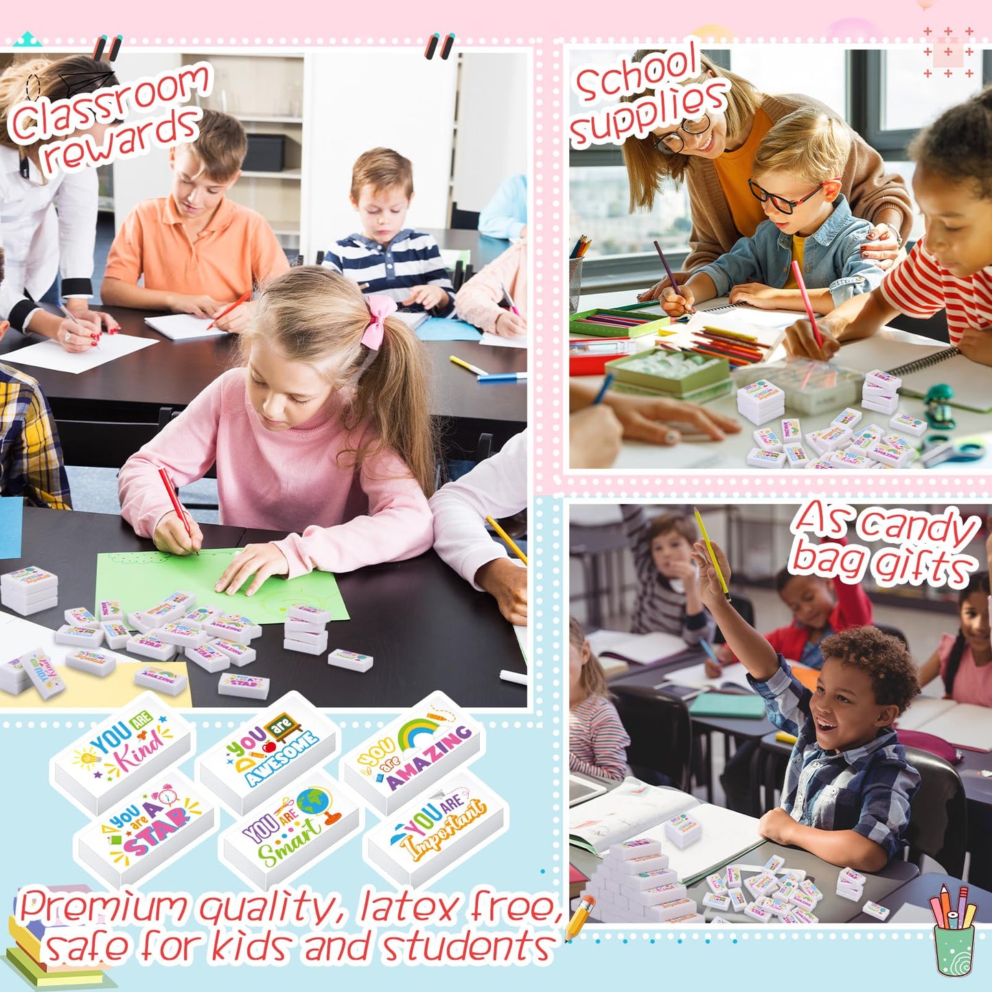 Resurhang 180 Pcs Erasers Bulk for Kids Inspirational Pencil Erasers Bulk for Drawing Motivational Big Eraser School Supplies for Classrooms Back to School Office (Inspirational,White)