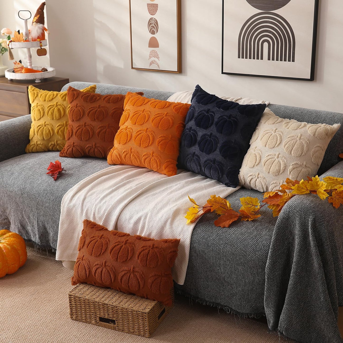 DFXSZ Fall Pillow Covers 18x18 Set of 2 Fall Decorations Autumn Navy blue Pumpkin Throw Pillow Cases Soft Plush Faux Fur Wool Couch Cushion Case for Chair Sofa Bedroom Living Room Home Decor PTK012E18