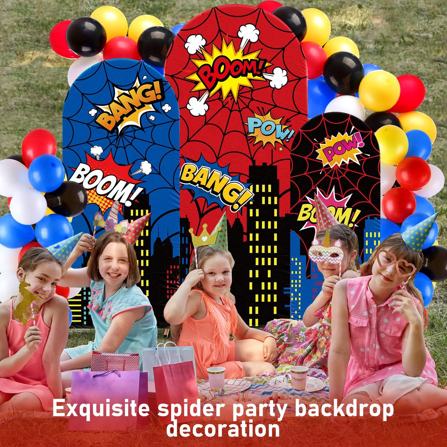 Tudomro 3 Pcs Spider Web Arch Backdrop Cover with Balloons Spider Birthday Party Decorations for Photo Props Indoor Outdoor Cosplay Wedding Baby Shower Backdrop Decor