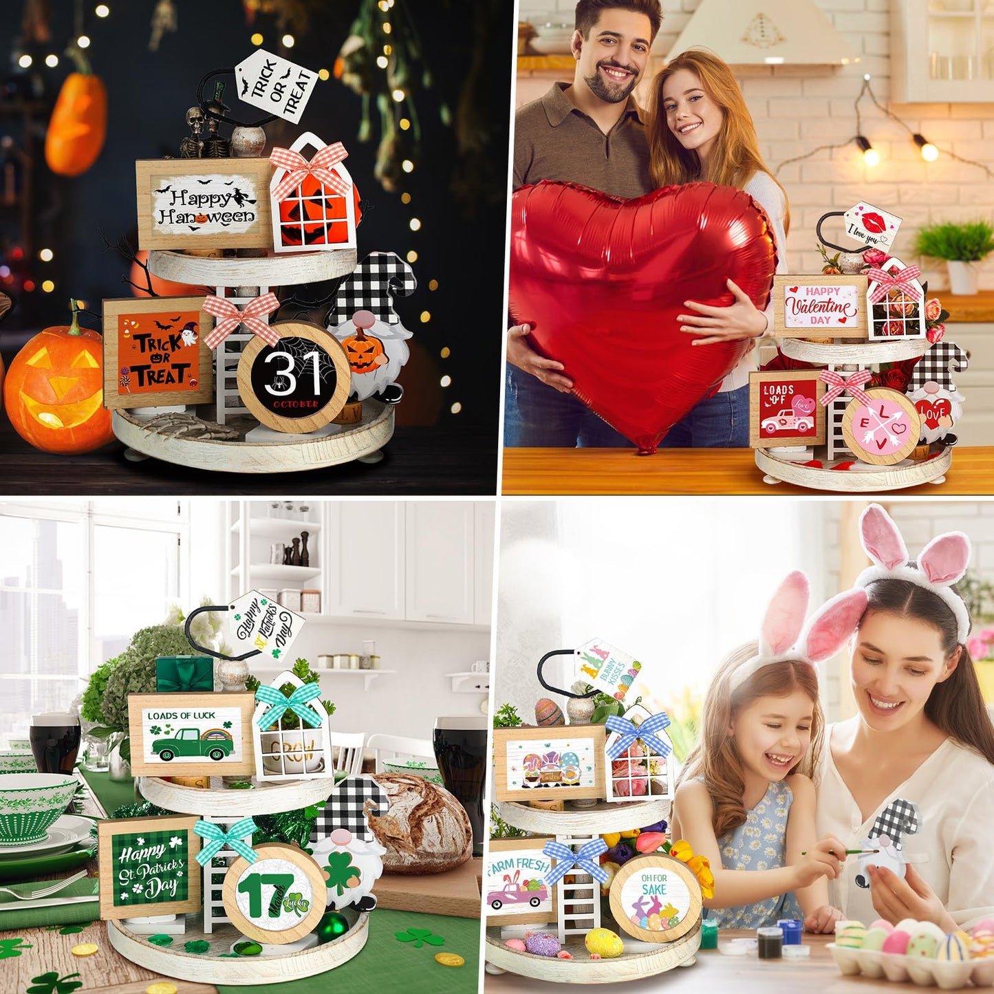 Kigley 70 Pcs 4th of July Tiered Tray Decor Set Interchangeable Spring Graduation Summer Seasonal Decor Farmhouse Holiday Tiered Tray Decorations Interchangeable Tabletop Decoration for Home