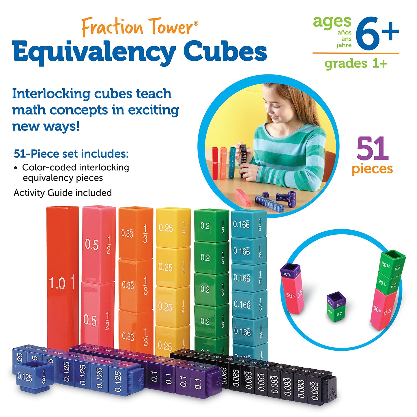 Learning Resources Fraction Tower Equivalency Cubes - 51 Pieces, Ages 6+ Math Toys for Kids, Classroom and Homeschool Accessories, Fractions for Kids