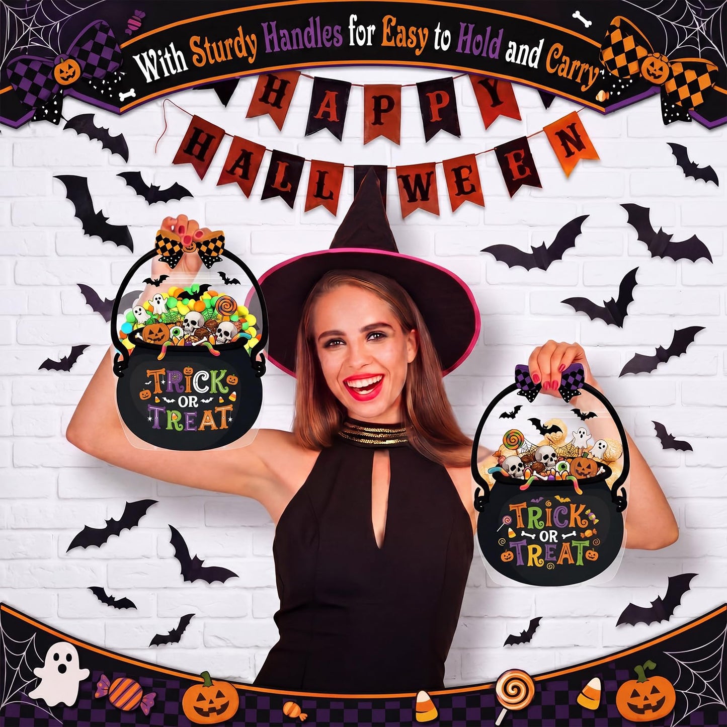 Fuutreo 50 Pcs Halloween Plastic Bags Clear Witch Cauldron Sealed Gift Pouches with Handles Resealable Scary Holiday Favor Bags for Halloween Holiday Party Candy Gift Wrapping Supplies Decoration