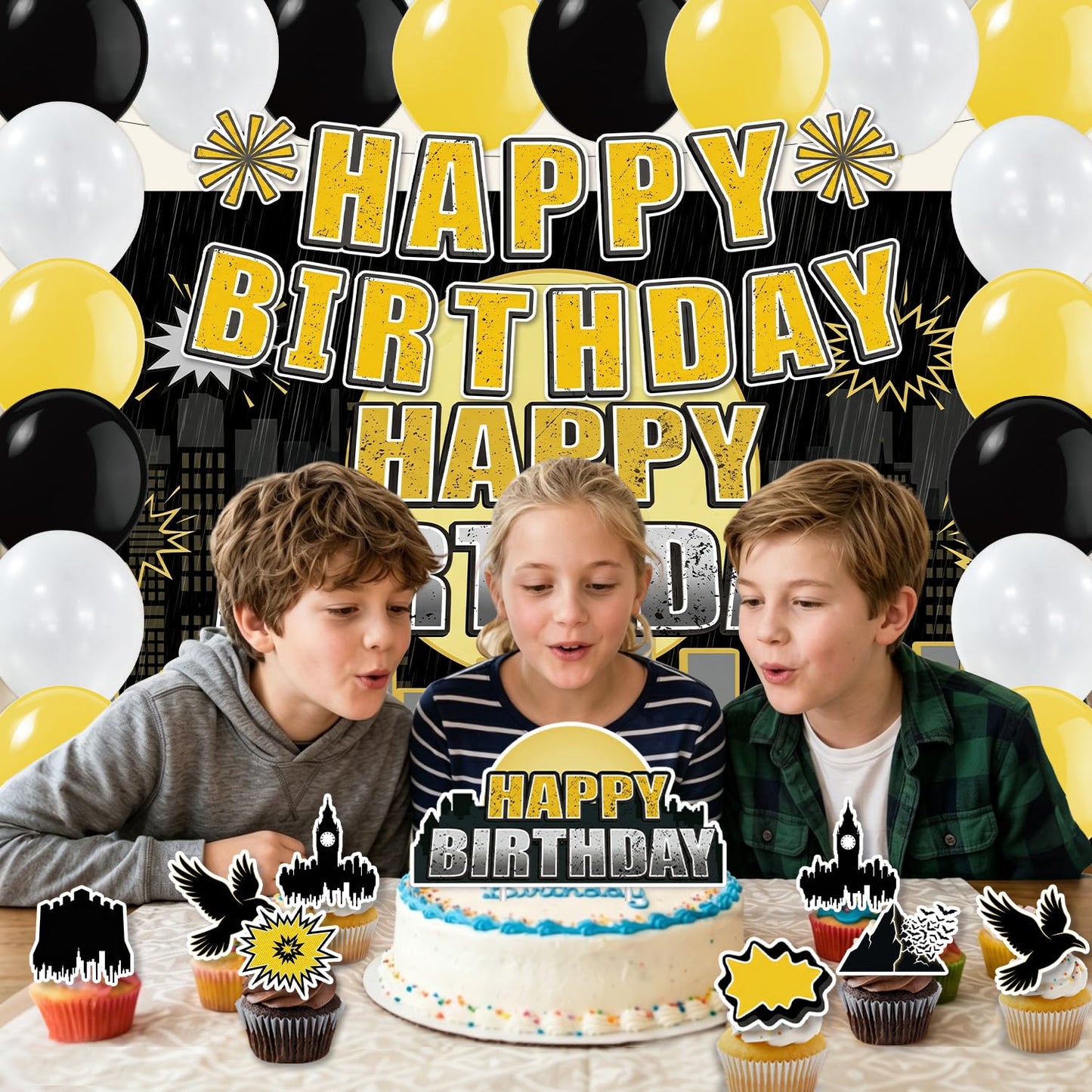 42Pcs Bat Super Theme Hero Party Decorations Including Backdrop,Cake Toppers,Cupcake Toppers,Balloons for Bat Birthday Movie Fans Party Decorations