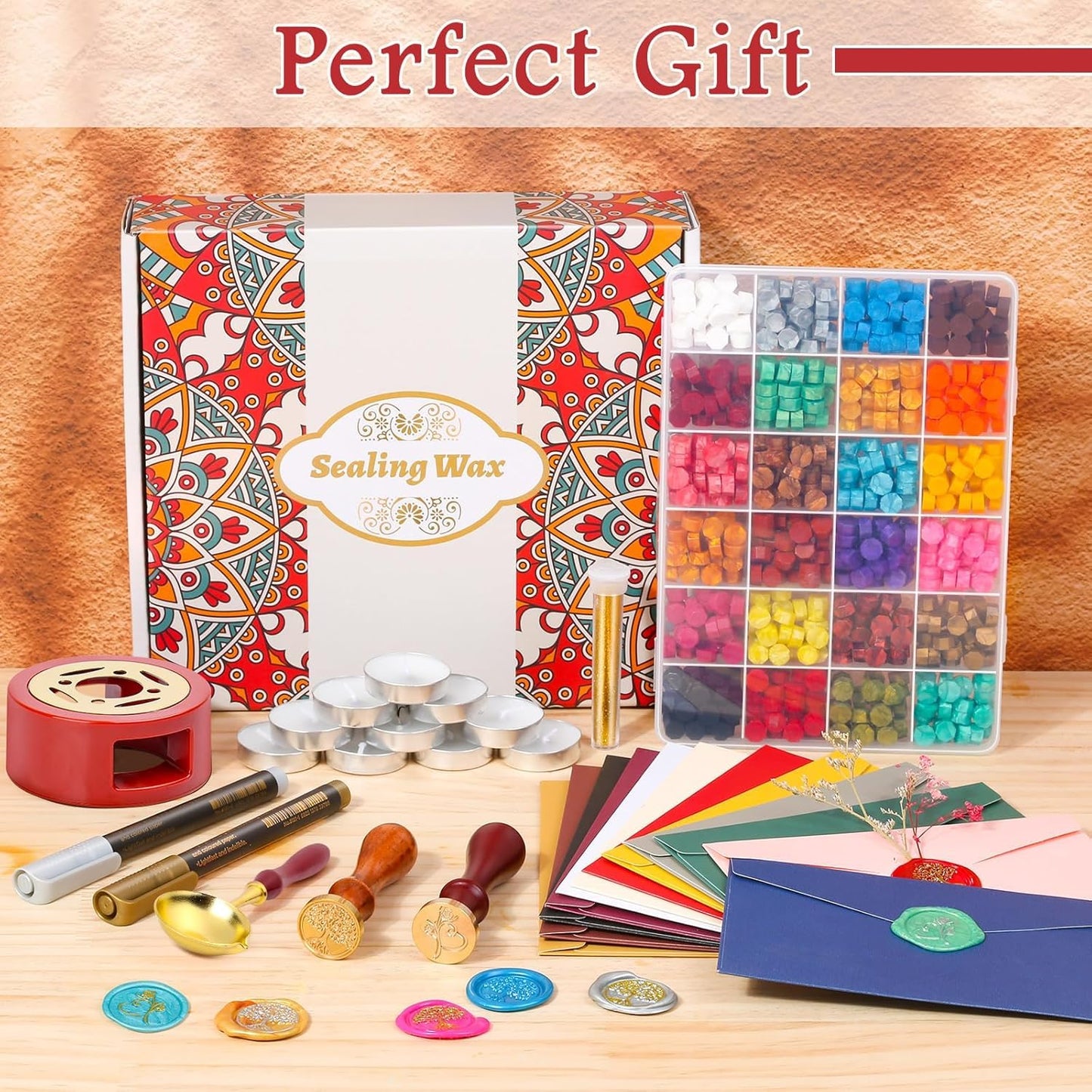 Paxcoo Sealing Wax Kit with Wax Seal Beads, Stamp, Warmer, Spoon, Envelopes for Letter Sealing