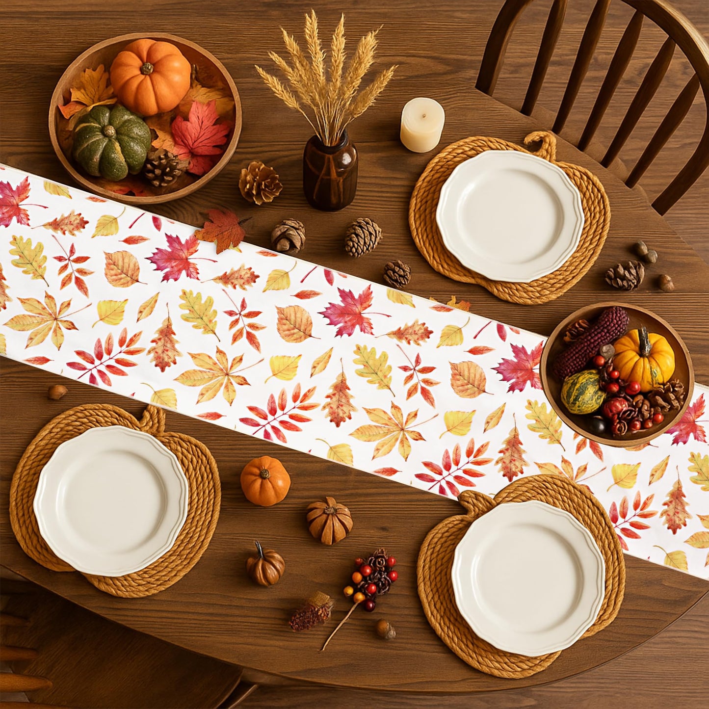 OWENIE Fall Table Runner for Kitchen Dining Table, Thanksgiving Autumn Printed Harvest Pumpkins Maple Leaves Textured Fabric Halloween Holiday Home Decorations, Water-Proof, Washable, 13" W x 108" L