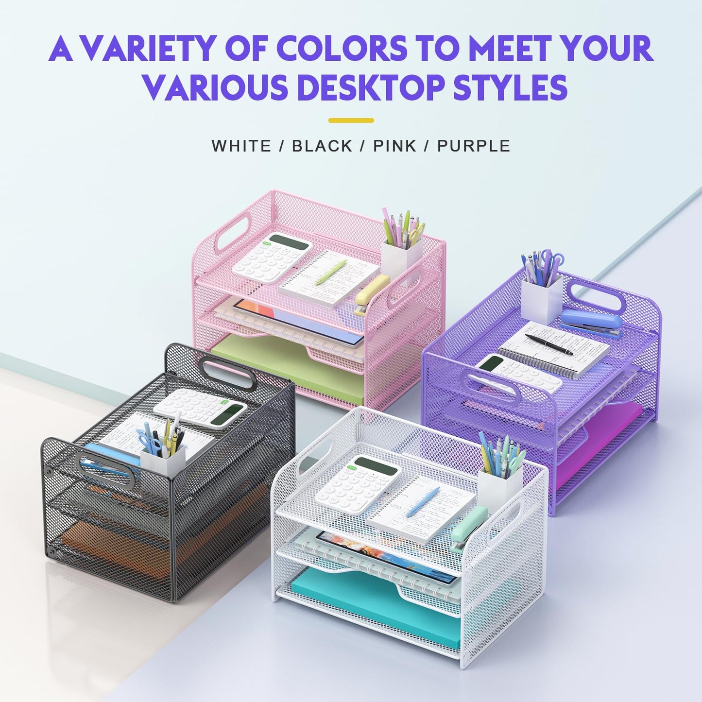 Samstar 3 Tier Purple Letter Tray Paper Organizer with Handle, Mesh Desk Organizer Paper Sorter File Rack Shelves, Purple