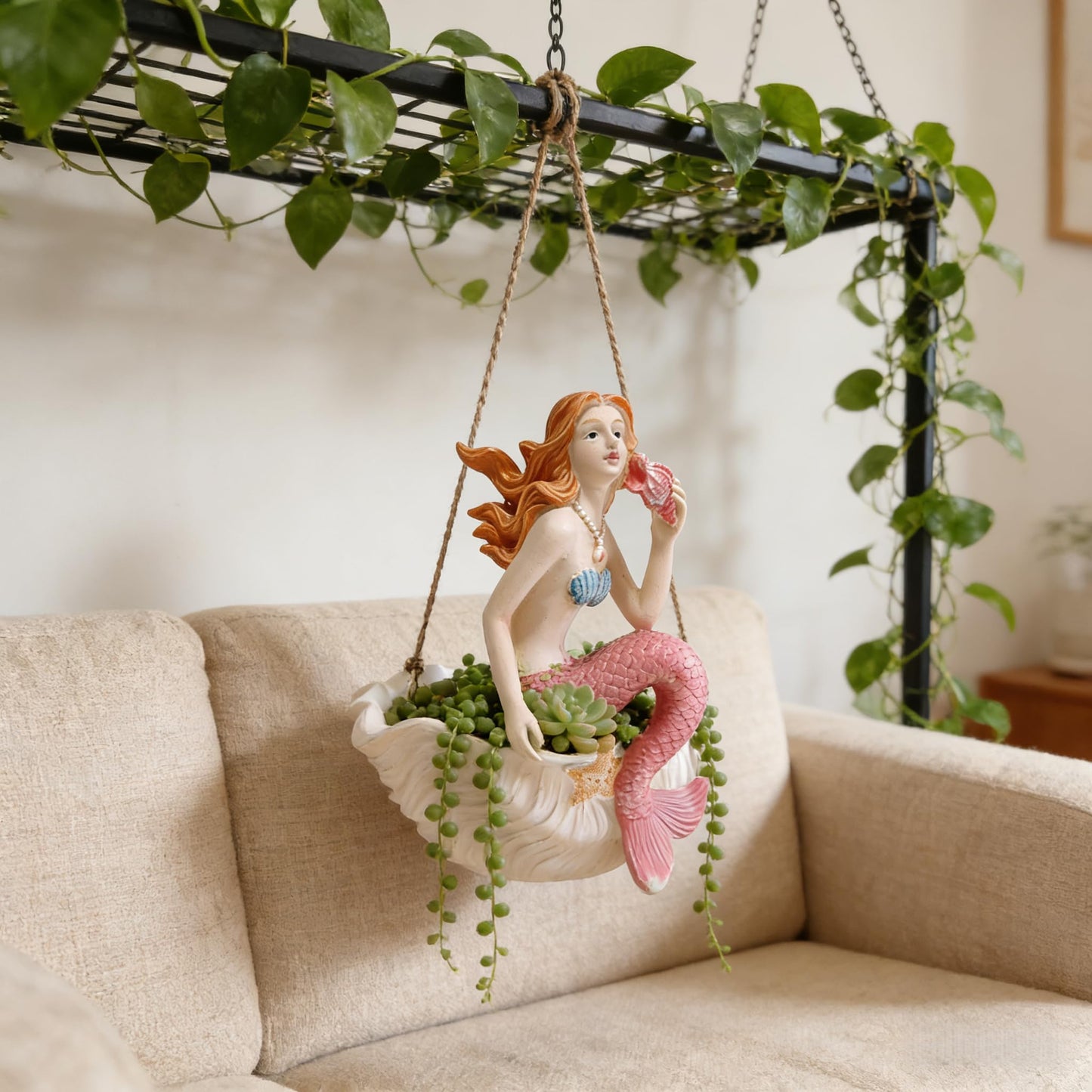 KARSTSYLVA Mermaid Resin Planter Statue, Conch Base Succulent Flower Pot for Home Garden Nautical Decor (Pink)