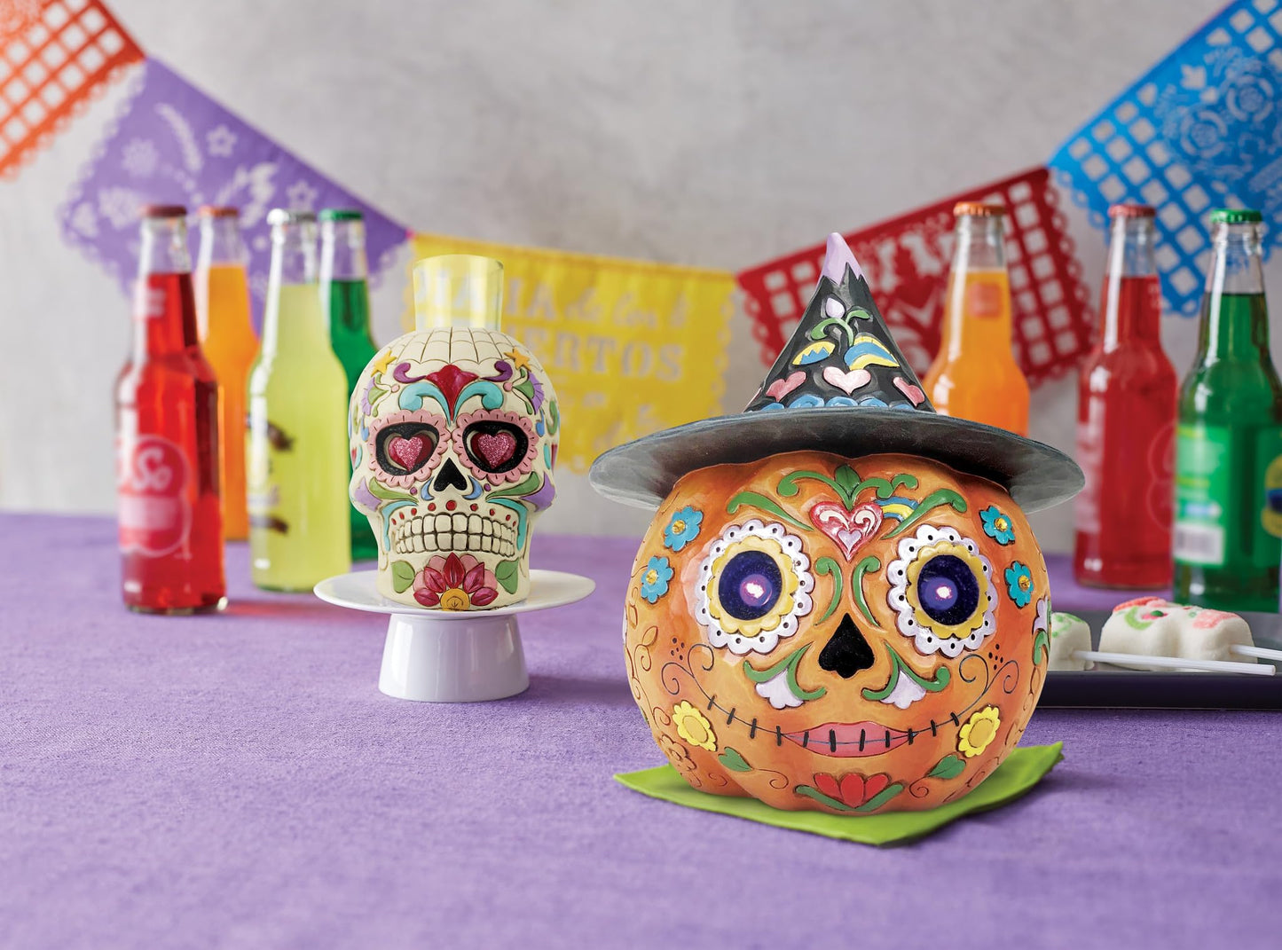 Enesco Jim Shore Heartwood Creek Four Seasons Day of The Dead Skull Votive Candleholder Without Candle, 5.5 Inches, Glass, Stone Resin, Witches, Zombies