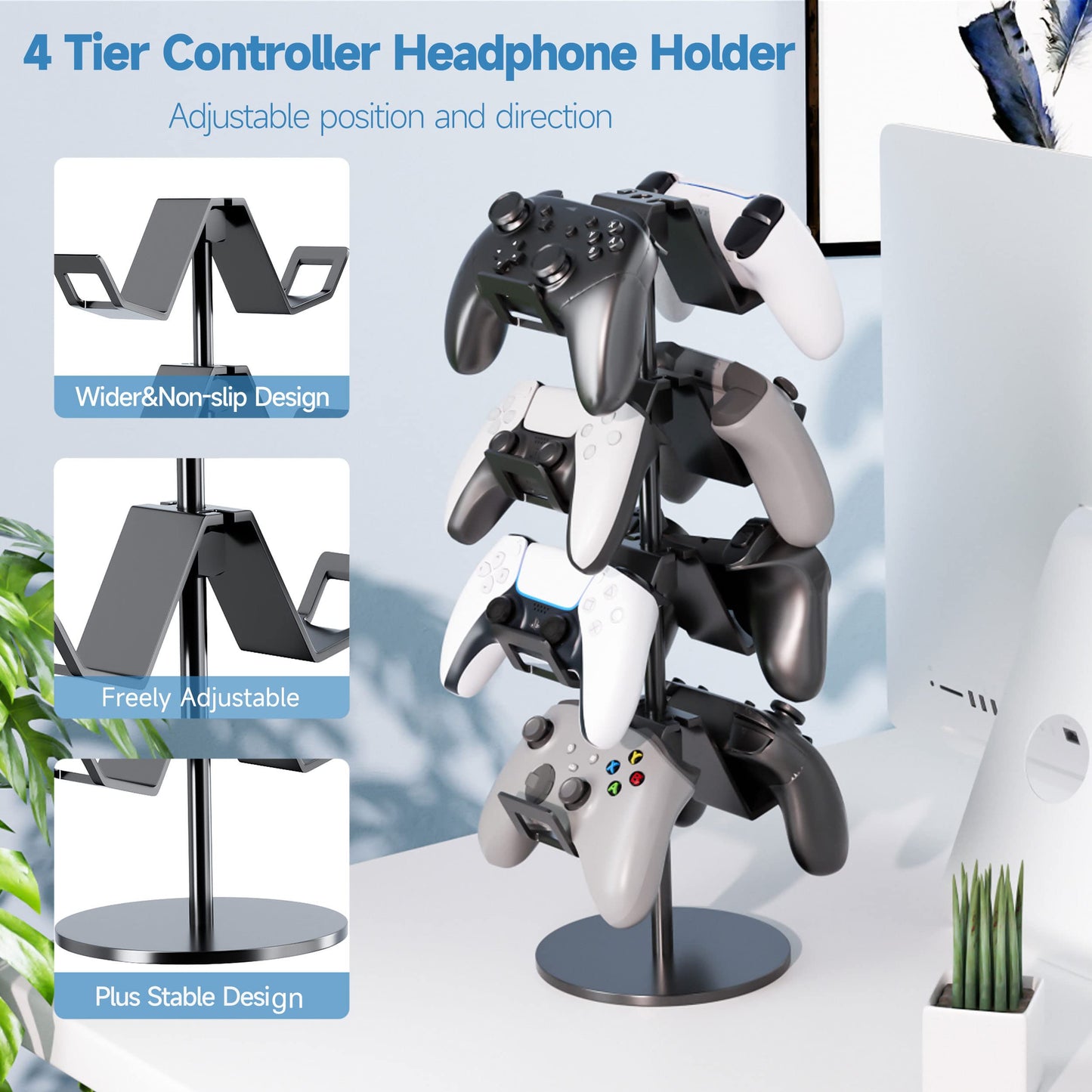 Karanava Controller Holder 4 Tier,Headphone Stand - Adjustable Headset Holder for Xbox PS5 PS4 Switch Pro - Gaming Accessories Storage for Gamer,Desk/Floor(Black)