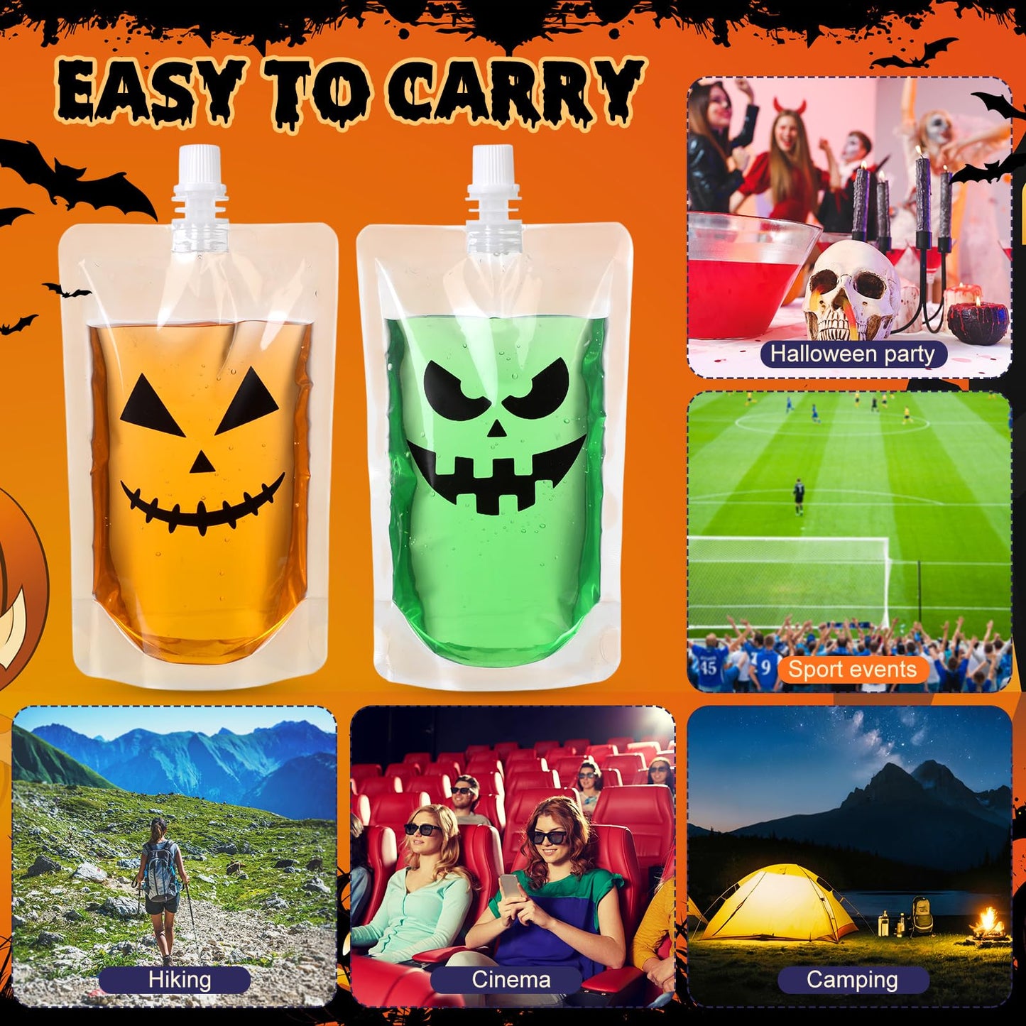 Widecook 28 Pcs Halloween Drink Pouches Reusable Pumpkin Blood Bags for Drinks Plastic Flasks with Funnels Juice Cups Pouches for Halloween Party Prop Decoration Favor