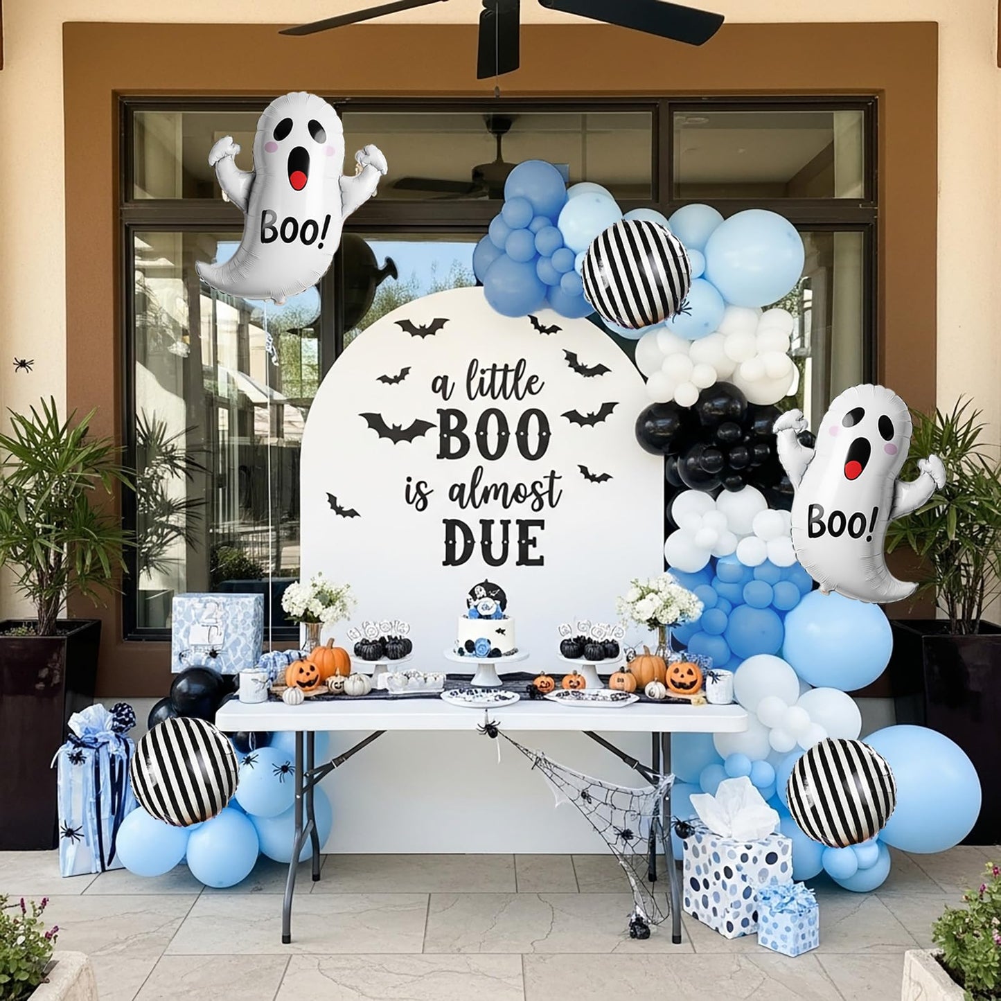 Spooky Halloween Balloon Garland Arch Kit | Black Blue White Balloons with 3D Bat Ghost Foil Balloons Perfect for boo Party Decorations