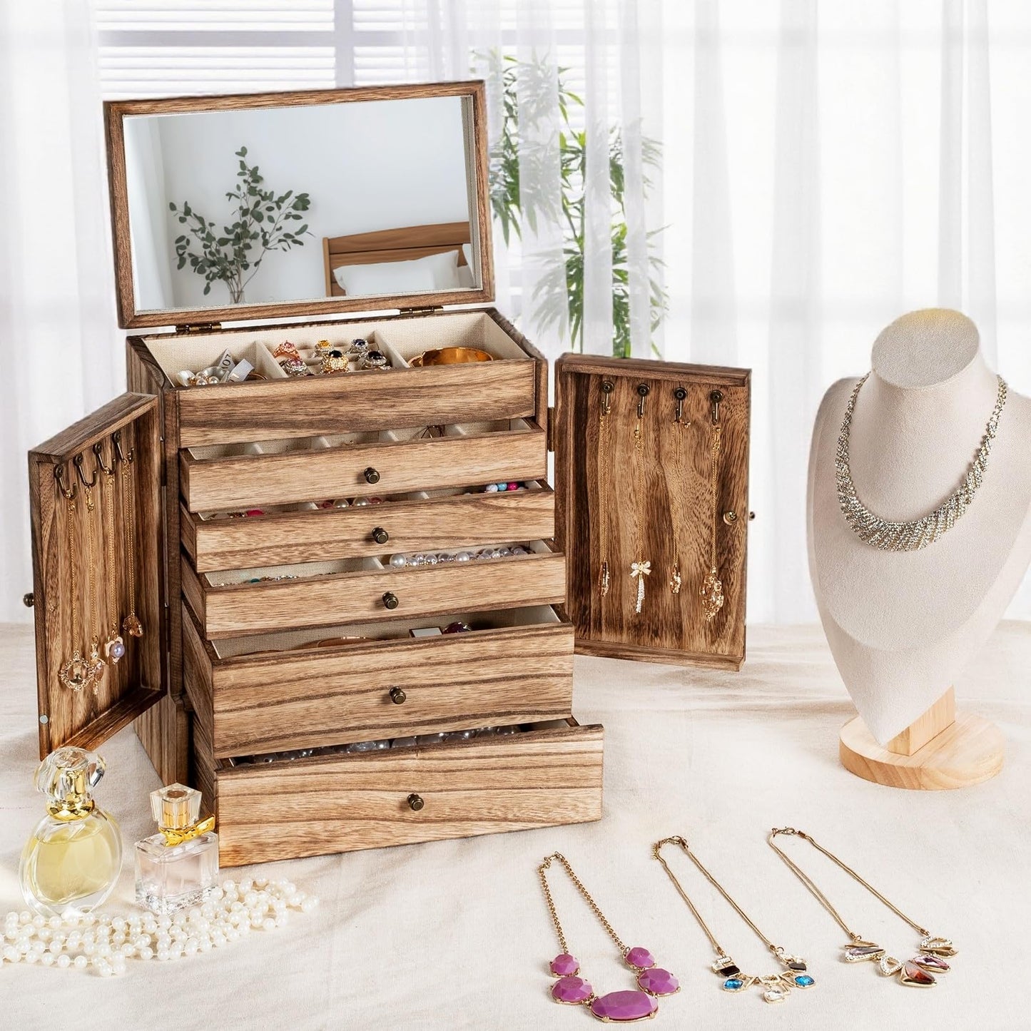 Emfogo Wooden Jewelry Box for Women, 6-Tier Large Jewelry Organizer Boxes with Mirror Rustic Solid Wood jewlery Storage Display for Rings Earrings Necklaces Bracelets watches(Carbonized Black)