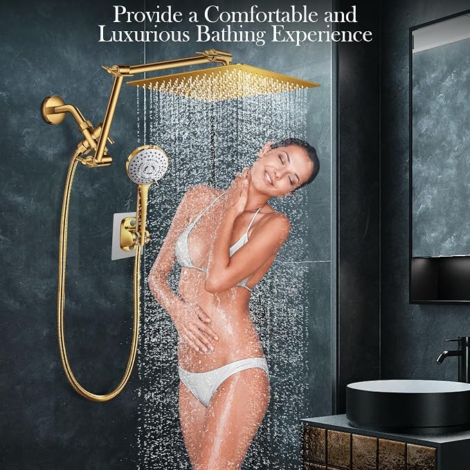 12'' Gold Rain Shower Head, High Pressure Rainfall Shower Head with 16 inch Adjustable Extension Arm,Flexible Adjust Height and Angle, 5 Setting Spray Handheld Shower Head, Anti-leak