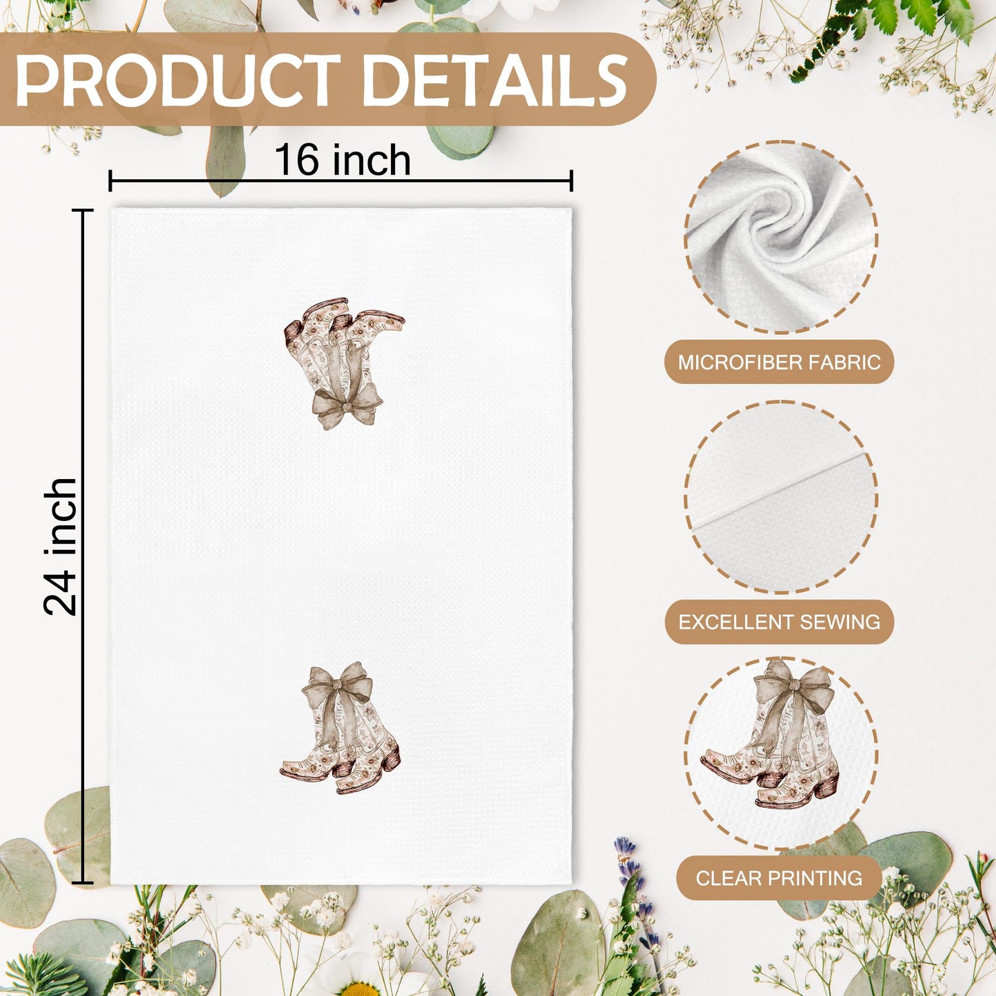 XNXLDYLH Preppy Bow Western Bath Kitchen Towels and Dishcloths Sets of 2, Coquette Brown Beige Tan Cowgirl Chinoiserie Floral Home Bathroom Decor Dish Hand Tea Towels for Bathroom Kitchen, 16x24 Inch