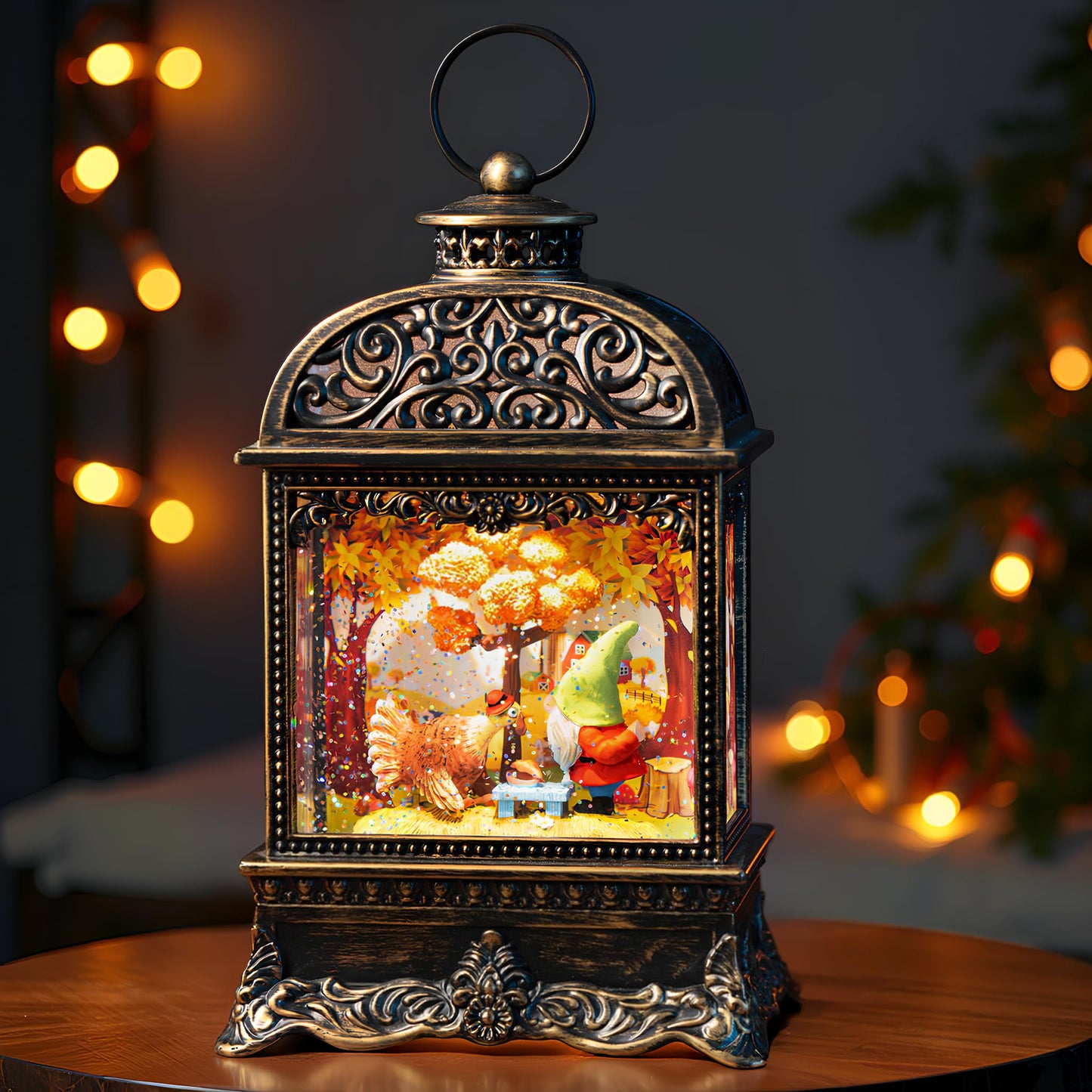 Fall Decor Snow Globe Lantern, Thanksgiving Decoration Swirling Glitter Gnome Snow Globe with Turkey, Harvest Day Gifts, Home Fall Halloween Decor