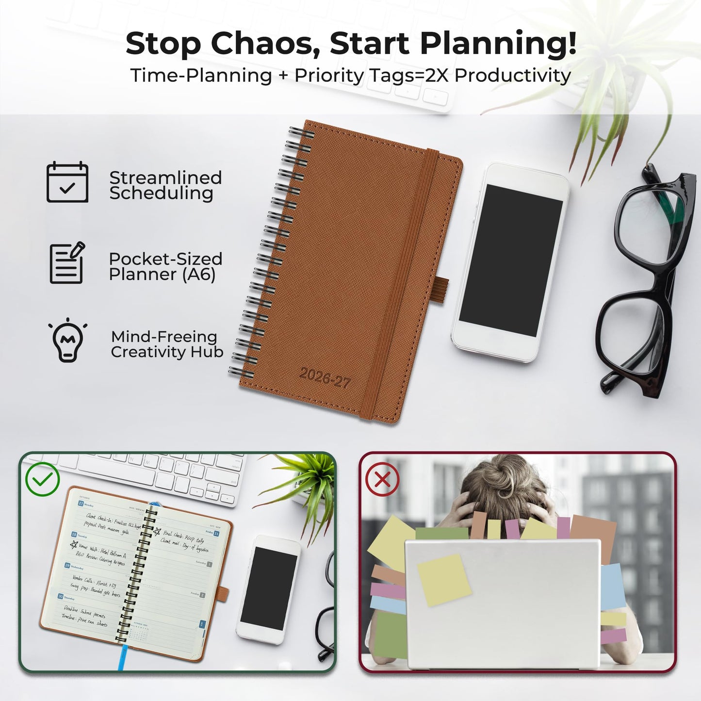 IN-LUXPRO Planner 2026-2027 Daily Weekly and Monthly,6.5"x3.75",18 Months Spiral Bound Calendar Agenda with Self-adhesive Pen Holder,2026 Academic Plan with Vegan Leather Soft Cover,Brown
