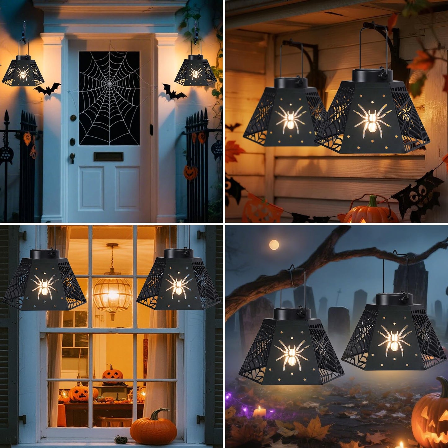 WONDER GARDEN Halloween Lantern Lights, 2 Pack Solar Hanging Spider Wed Lights, Metal Decorative Light for Outdoor Porch Yard Garden Tree Decor