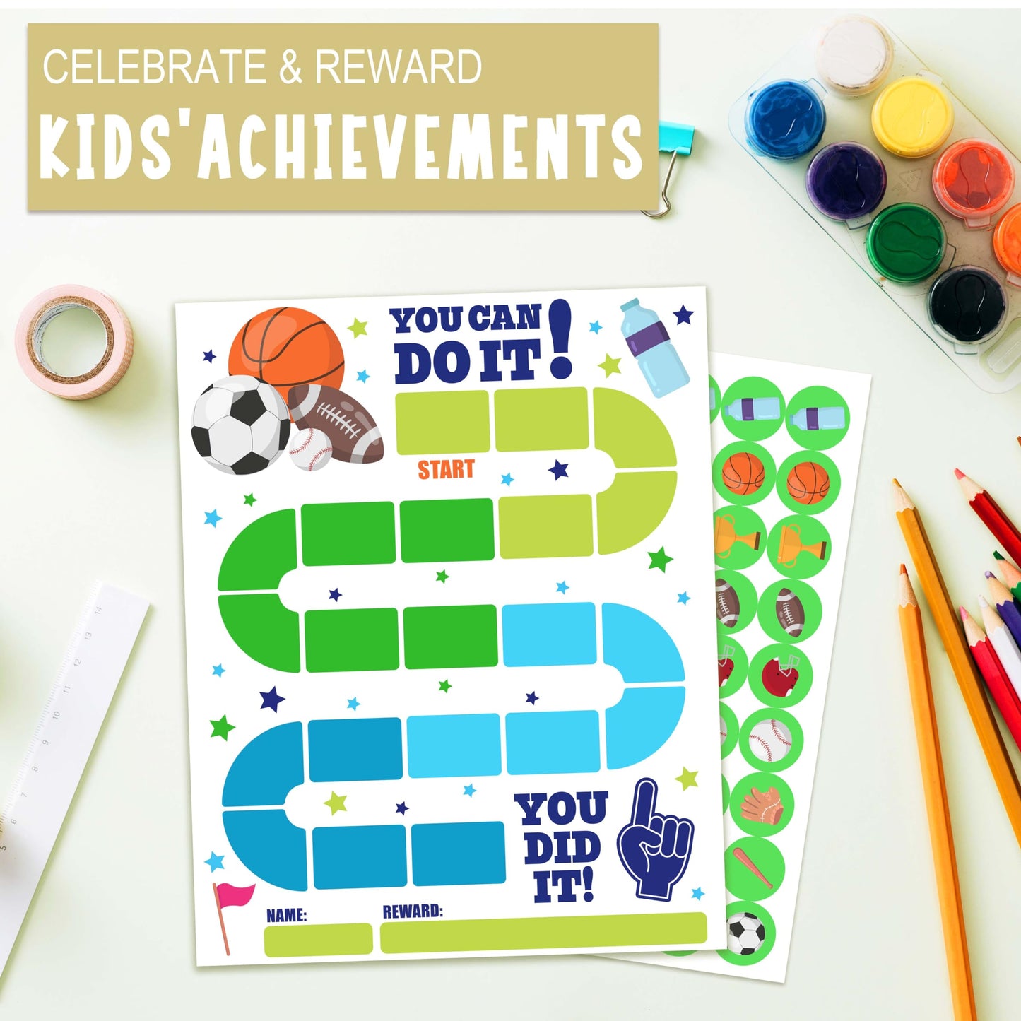 10 Sports Reward Chart with 216 Round Stickers, Incentive Behavior Chart for Kids at Home Classroom, Kids Routine Daily Chore Sticker Chart-A14