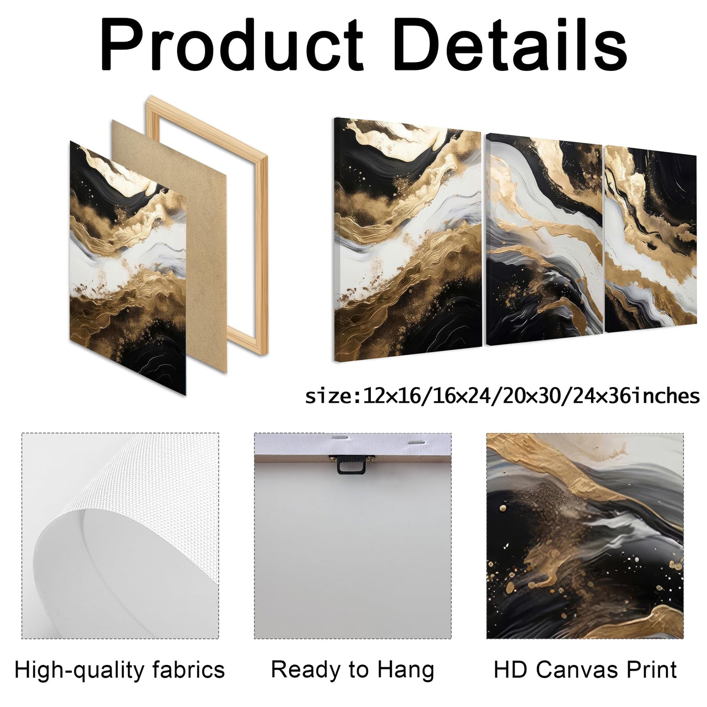 Palette Dreams 3 Piece Framed Black And White Abstract Canvas Wall Art, Black Gold Canvas Black Marble Picture Wall Decor, Modern Gold Foil Art Poster Print for Living Room Bedroom Bathroom 20x30 Inch