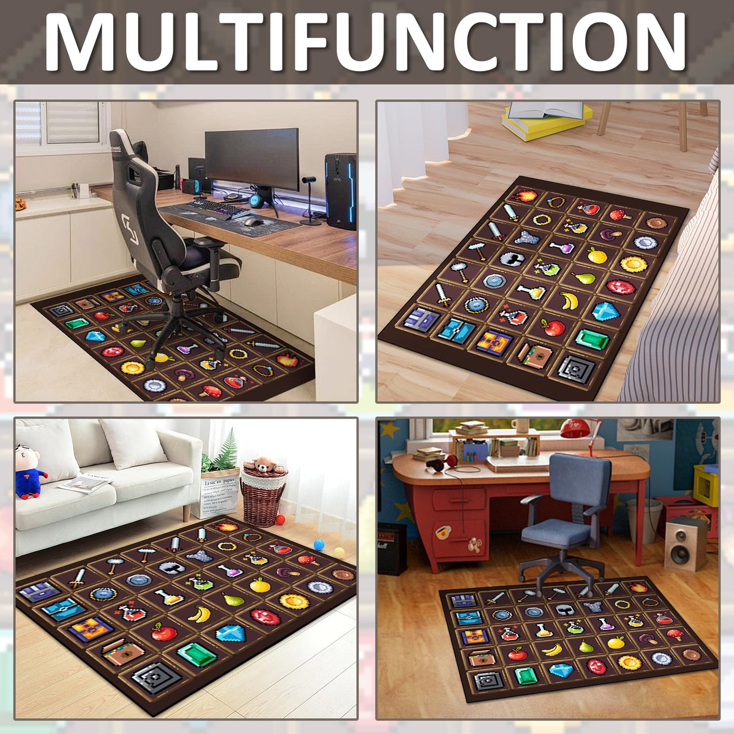 DRVAKO Game Rug Teen Boys Carpet with Pixel Games Element Items Decoration Mat, Weapon Medical Game Rugs for Boy’s Bedroom Living Room Playroom, Non-Slip Children Gaming Area Rugs (Brown, 63" x 47")