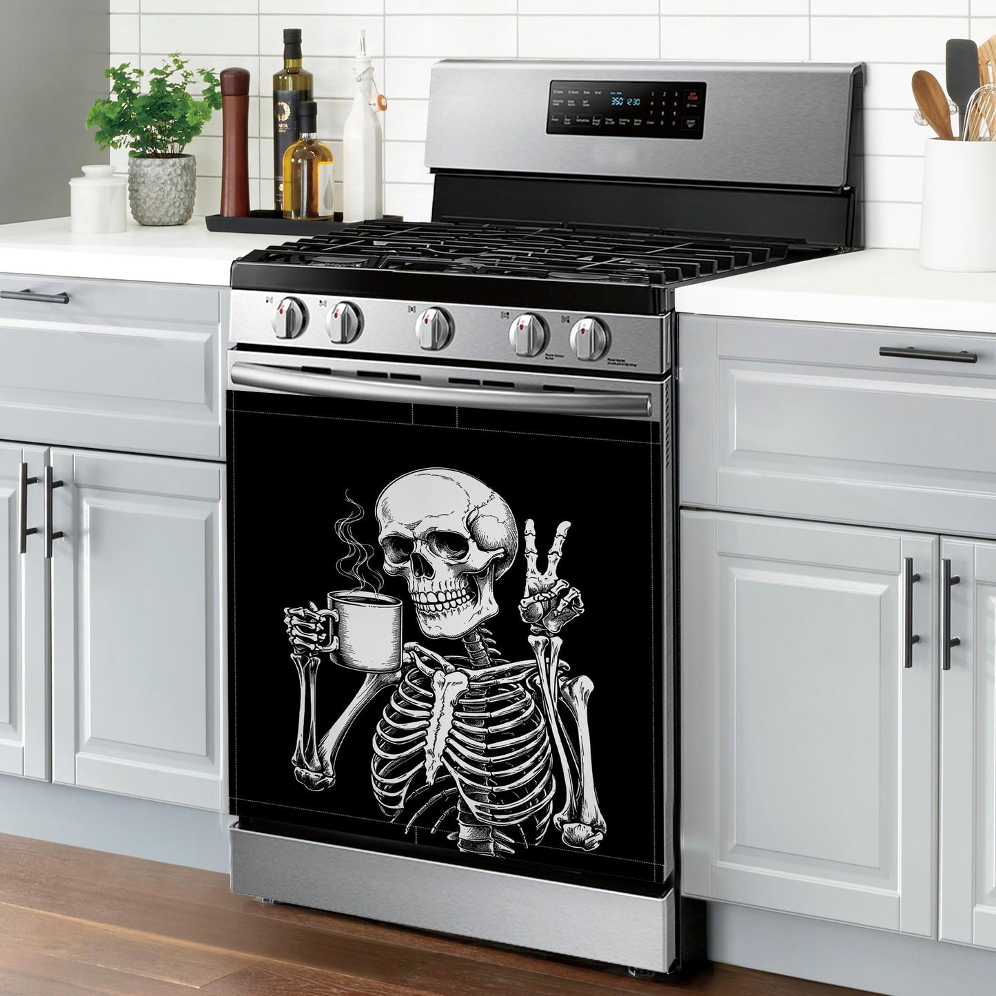 Black Dishwasher Magnet Cover Funny Skeleton Coffee Dishwasher Magnets Decorative Cover for Kitchen, Refrigerator Magnet Decal Panels 23” x 26”