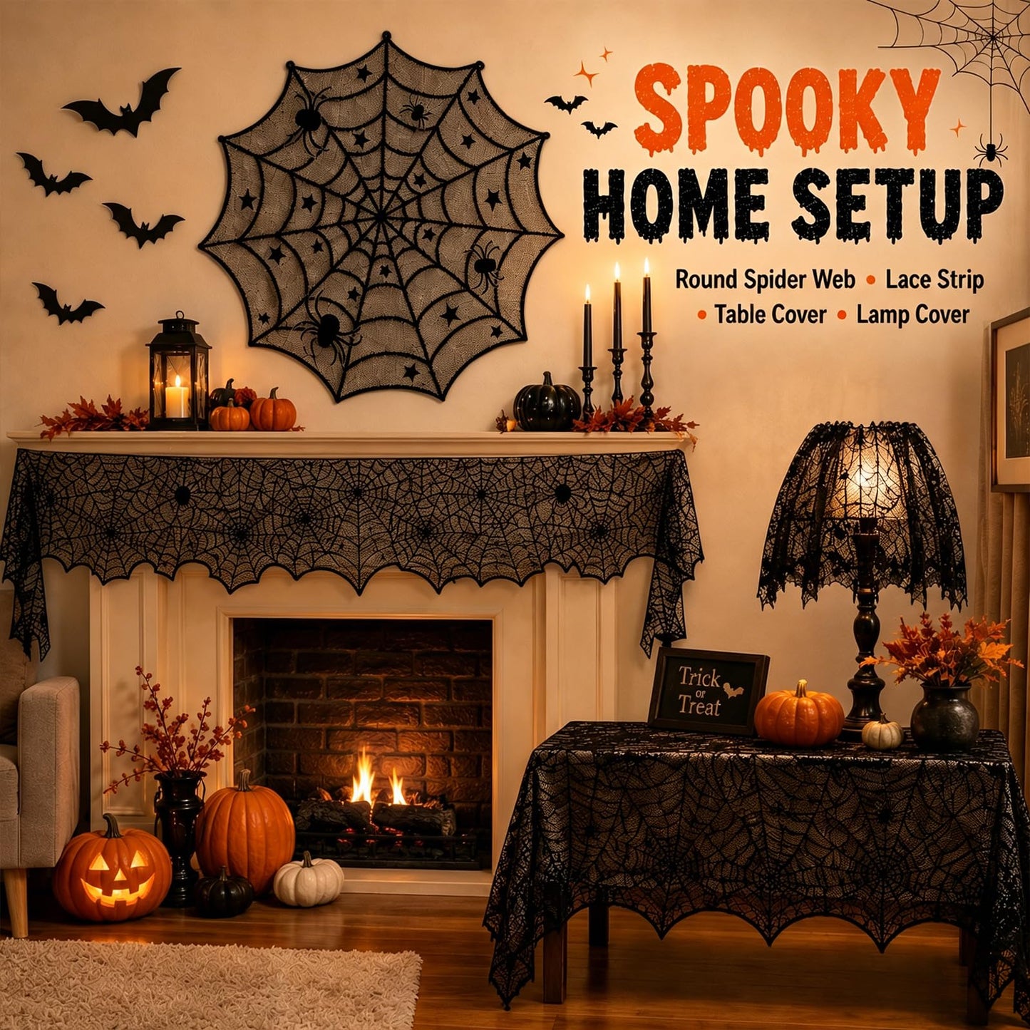 8Pack Halloween Decorations Indoor Halloween Decor, Spider Web Table Cloth/Black Lace Table Runner, Fireplace Mantel Scarf, Cobweb Lampshade with 3D Bat Wall Stickers, Halloween Spooky Home Decor.