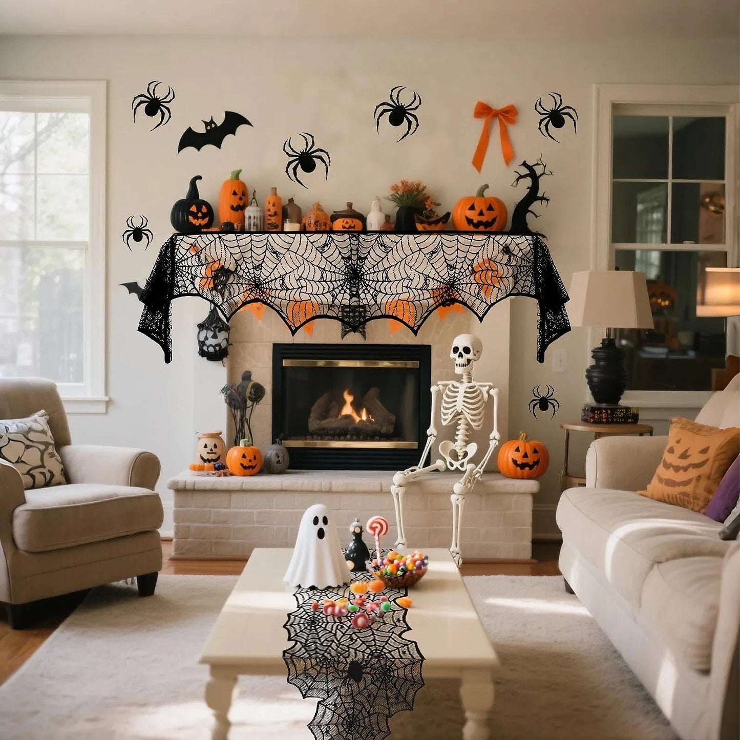 Heyigrow 15 Pcs Set Spider Web Decorations, Halloween Kit Black Lace Table Runner Cobweb Round Tablecloth Fireplace Scarf