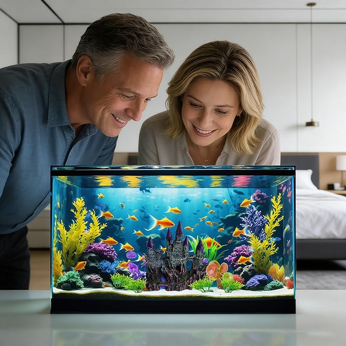 Aquarium Resin Castle Decor with 7 Pcs Artificial Plastic Plants, Fish Tank Decorations Accessories Set Landscaping Ornaments for Betta Guppies Shrimp Hideout Cave