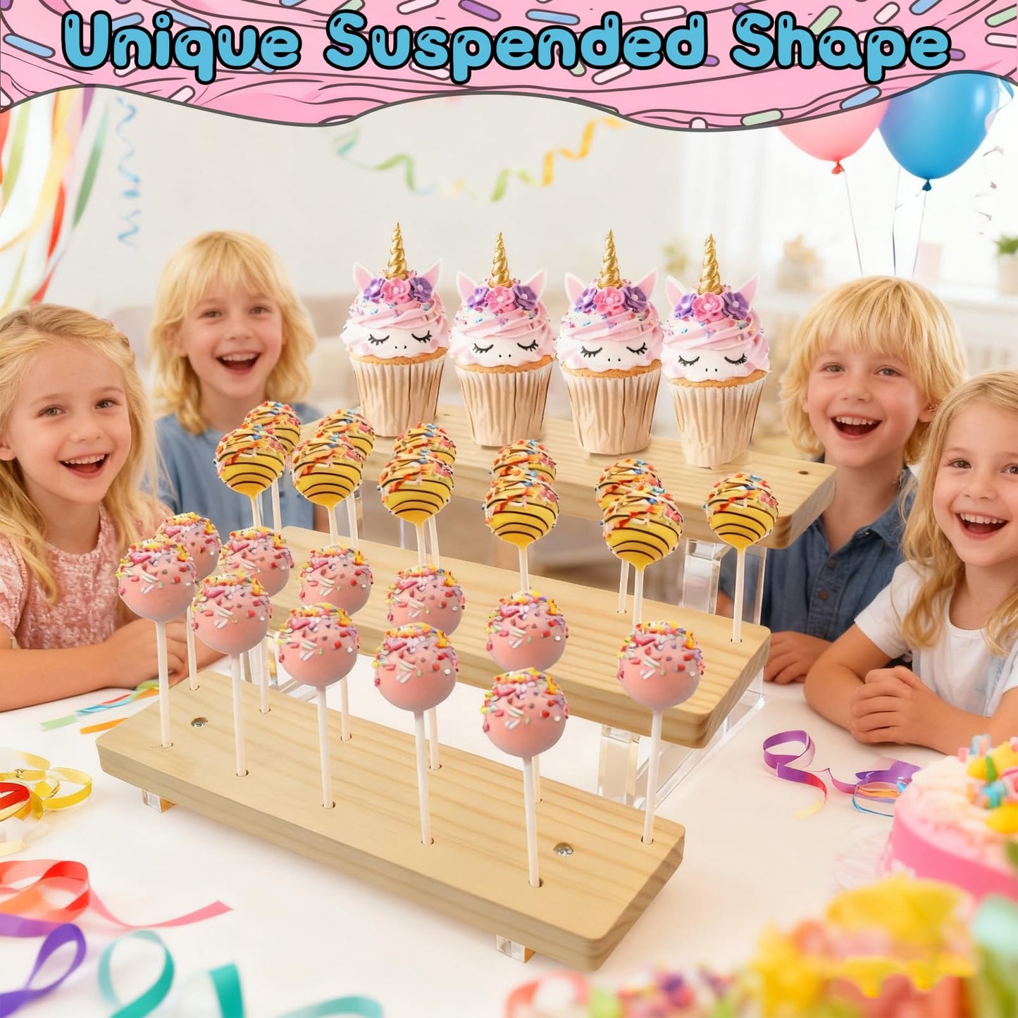 Riqwm Iro 3 Tier Cake Pop Stand Display Riser,33 Holes Wooden Lollipop Holder,Acrylic Pine Wood Sticks Dessert Display Stands for Party Weddings Birthday Christmas halloween Day Candy Decorative