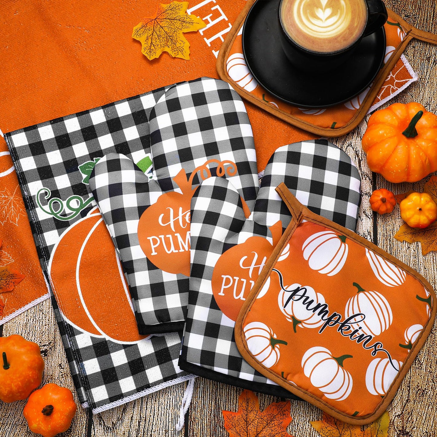 Leinuosen 6 Pack Fall Thanksgiving Kitchen Set with 2 Hello Pumpkin Dish Towels, 2 Pot Holders and 2 Buffalo Plaid Oven Mitts for Gifting, Baking and Cooking