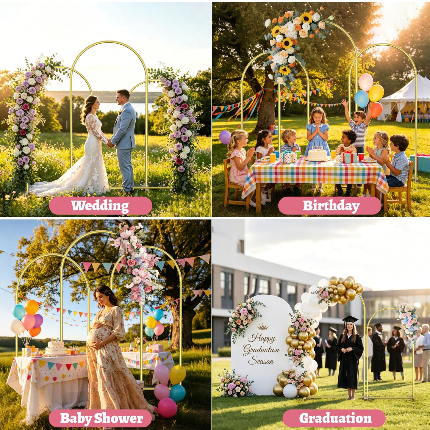 Vowparty Arch Backdrop Stand Set of 3 (7.2FT,6.6FT,6FT), Gold Metal Arch Stand for Wedding Ceremony, Birthday Party, Baby Shower, Graduation, Floral Balloon Decoration