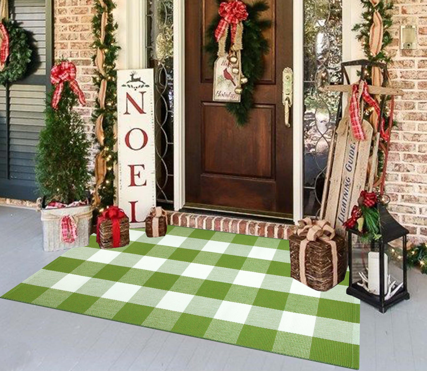 Green and White Outdoor Rug 27.5''X 43.3'' Buffalo Checked Porch Rug Cotton Woven Washable Layering Door Mat for Welcome Door Mat Porch Entryway Bedroom Living Room