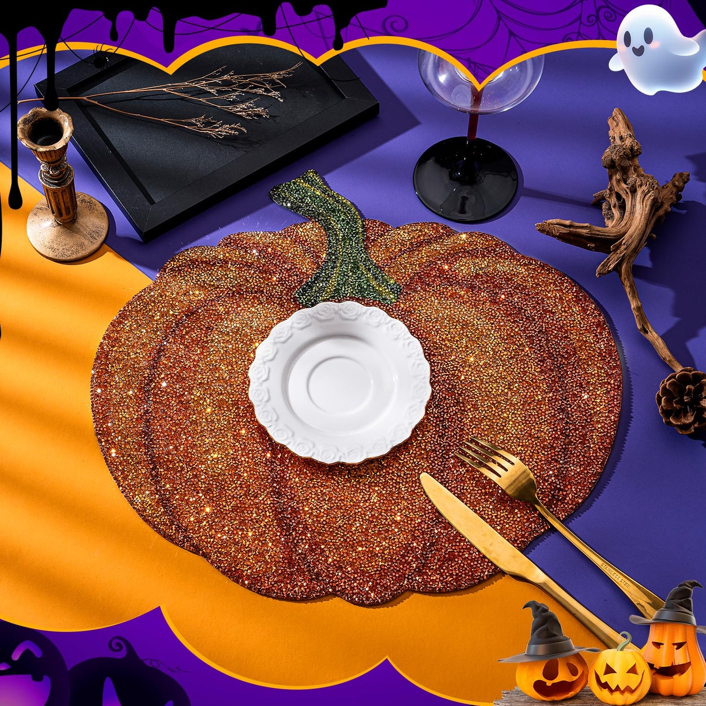 Cumouna Thanksgiving Pumpkin Placemat, Halloween Table Mats Orange Thanksgiving Fall Sparkle Pumpkin Decoration Placemat for Centerpiece Kitchen Table Party Tableware Decor