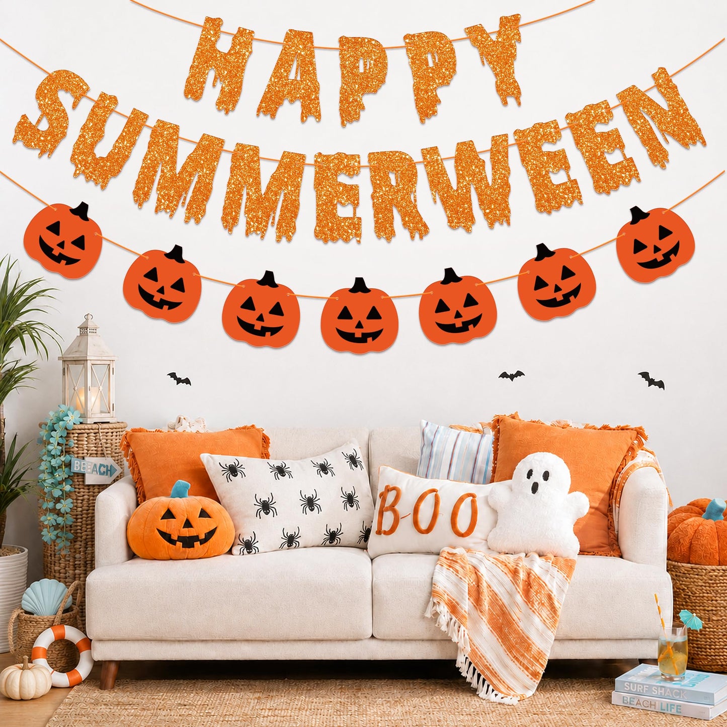 Happy Summerween Banner, Pre-Strung Summerween Party Decorations Glitter Summer Ween Hanging Banner Pumpkins Garland Halloween in Summer Decor Spooky Birthday Party Supplies for Home Office