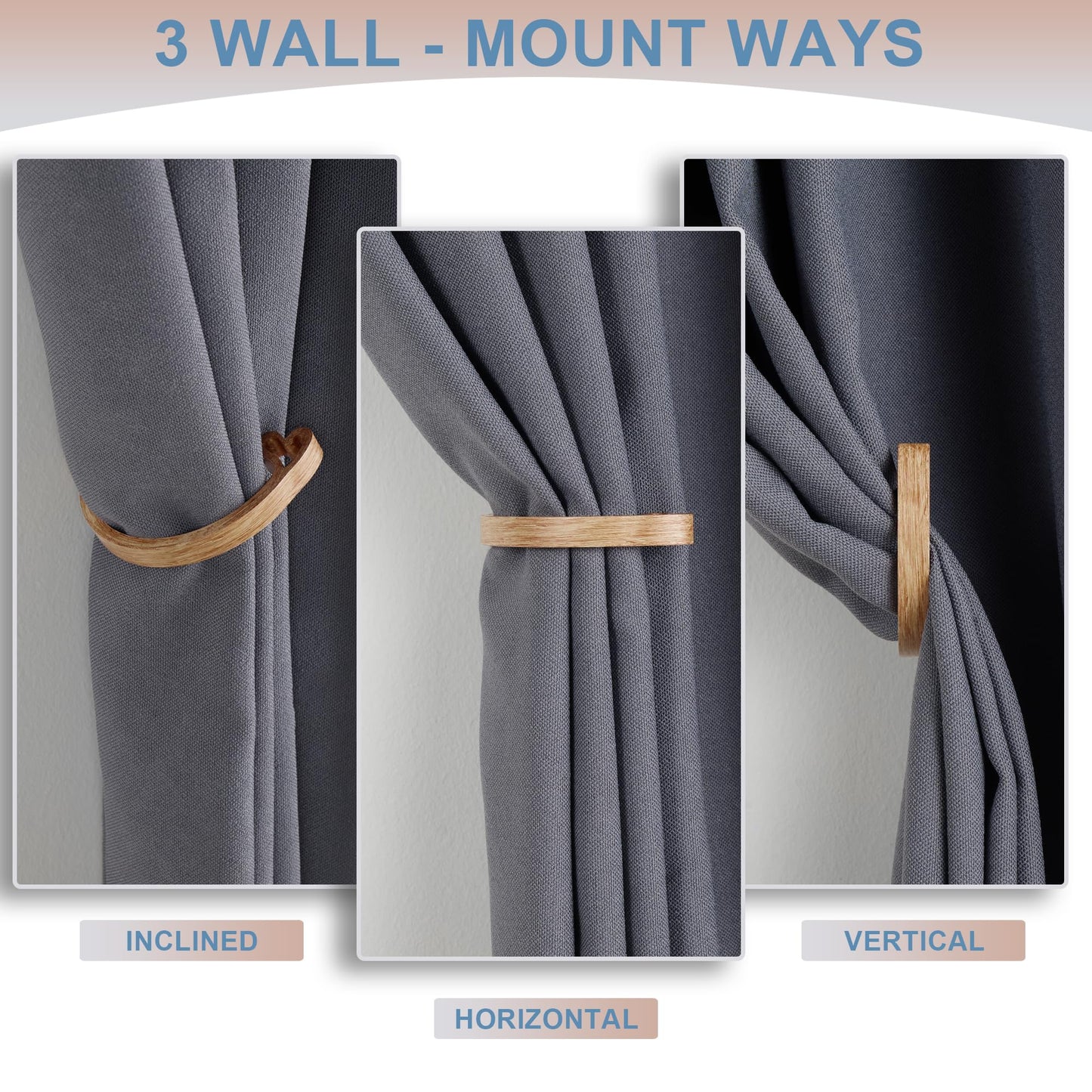 2Pcs Curtain Holdback,Premium Solid Aluminum Wall Mounted Curtain Tiebacks,Rust-Proof,Light Wood Grain