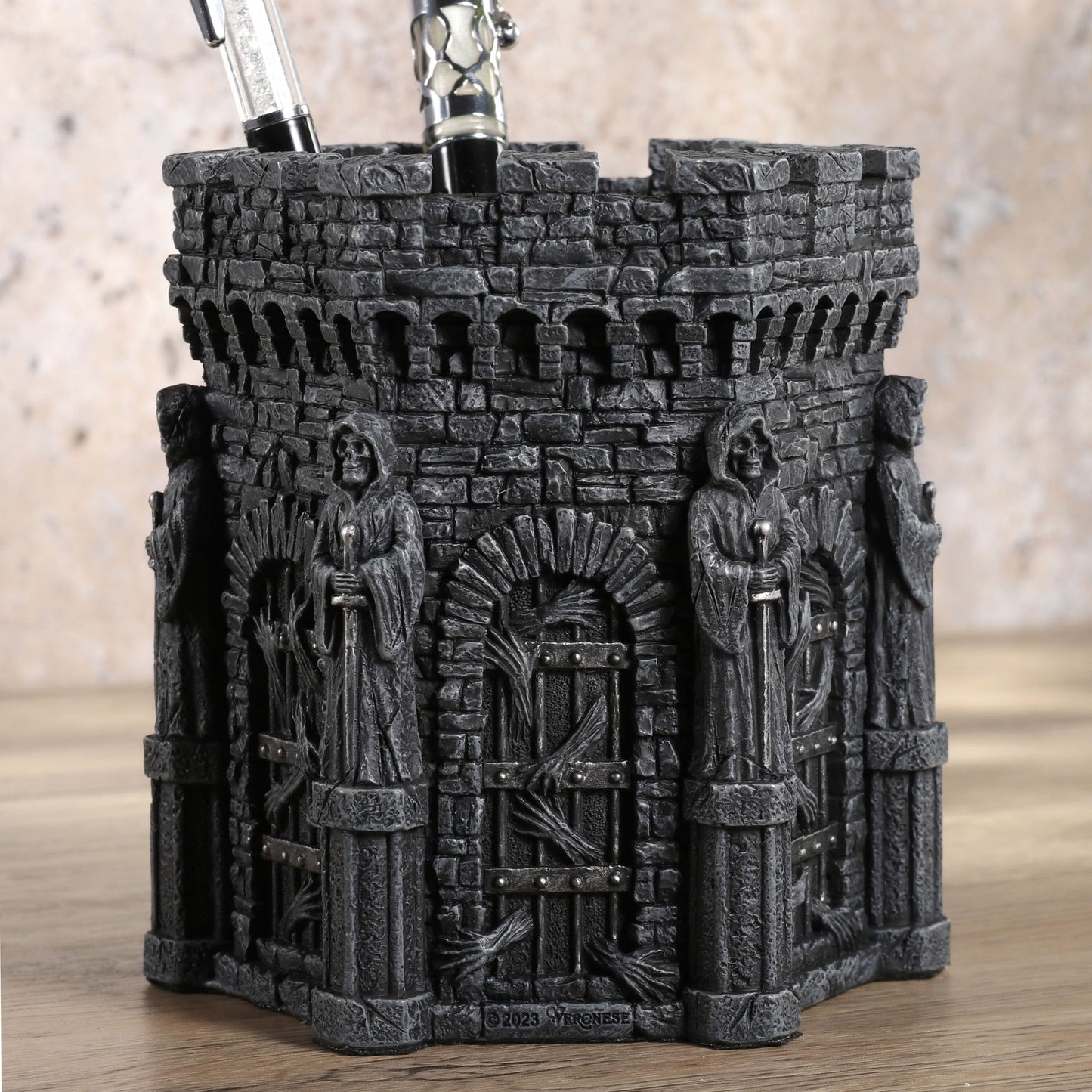 Veronese Design 4 7/8 Inch Wardens of the Damned Pen Holder Resin Desktop Organizer Skeleton Reaper Home Decor Sculpture