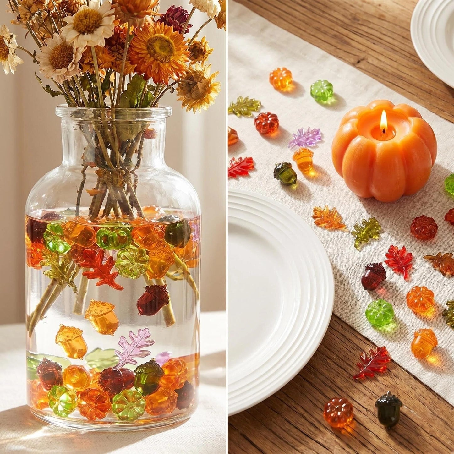 HappyFiller Fall Vase Filler Decorative Acrylic Pumpkins Squirrel Acorns Leaves Gems 15 Styles 88 PCS for Party Table Scatters,Harvest Thanksgiving Craft,Sensory Bin Fillers,Home Decor