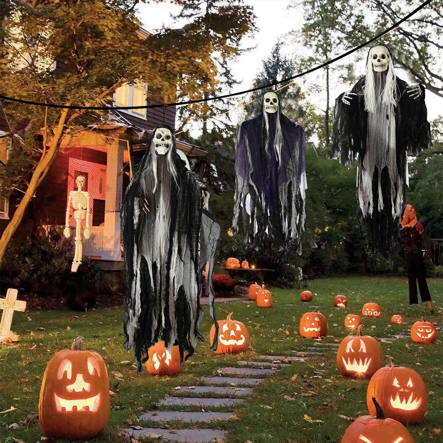 Hourleey 3 Pack Halloween Hanging Ghosts Decorations Outdoor, Scary Flying Grim Reapers Skeleton, Skull Ghost Halloween Decor for Yard Porch Frontdoor Party Haunted House Props
