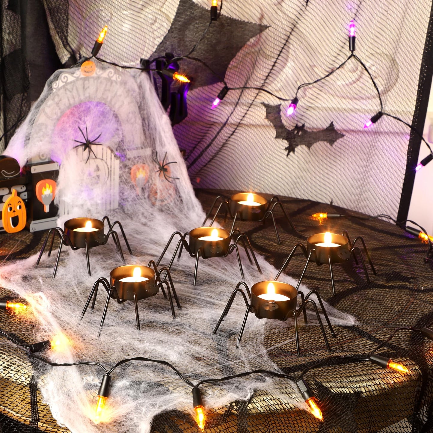 FORUP 6 Pack Metal Spider Tea Light Candle Holders, Halloween Candle Holder, Halloween Home Table Decoration, Black