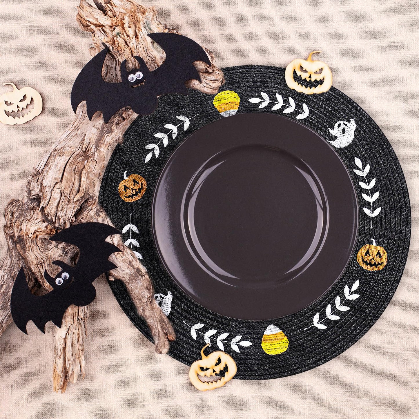 Whaline 4 Pcs Round Halloween Placemats Embroidered Ghost Pumpkin Candy Corn Place Mats Black Spooky Dinner Table Mats for Halloween Holiday Trick or Treat Party Table Decor