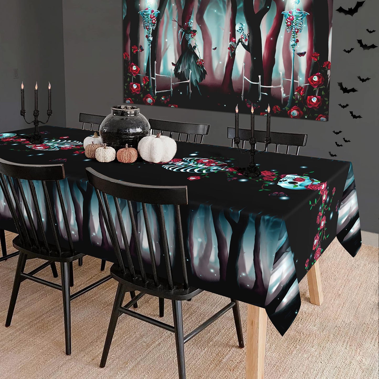 Cheerland Halloween Gothic Tablecloth Rose Skull Table Cloth Rose Skeleton Fabric Table Cover Black and Red Design for Halloween Weddings Summerween Birthday and Party Decor Supplies