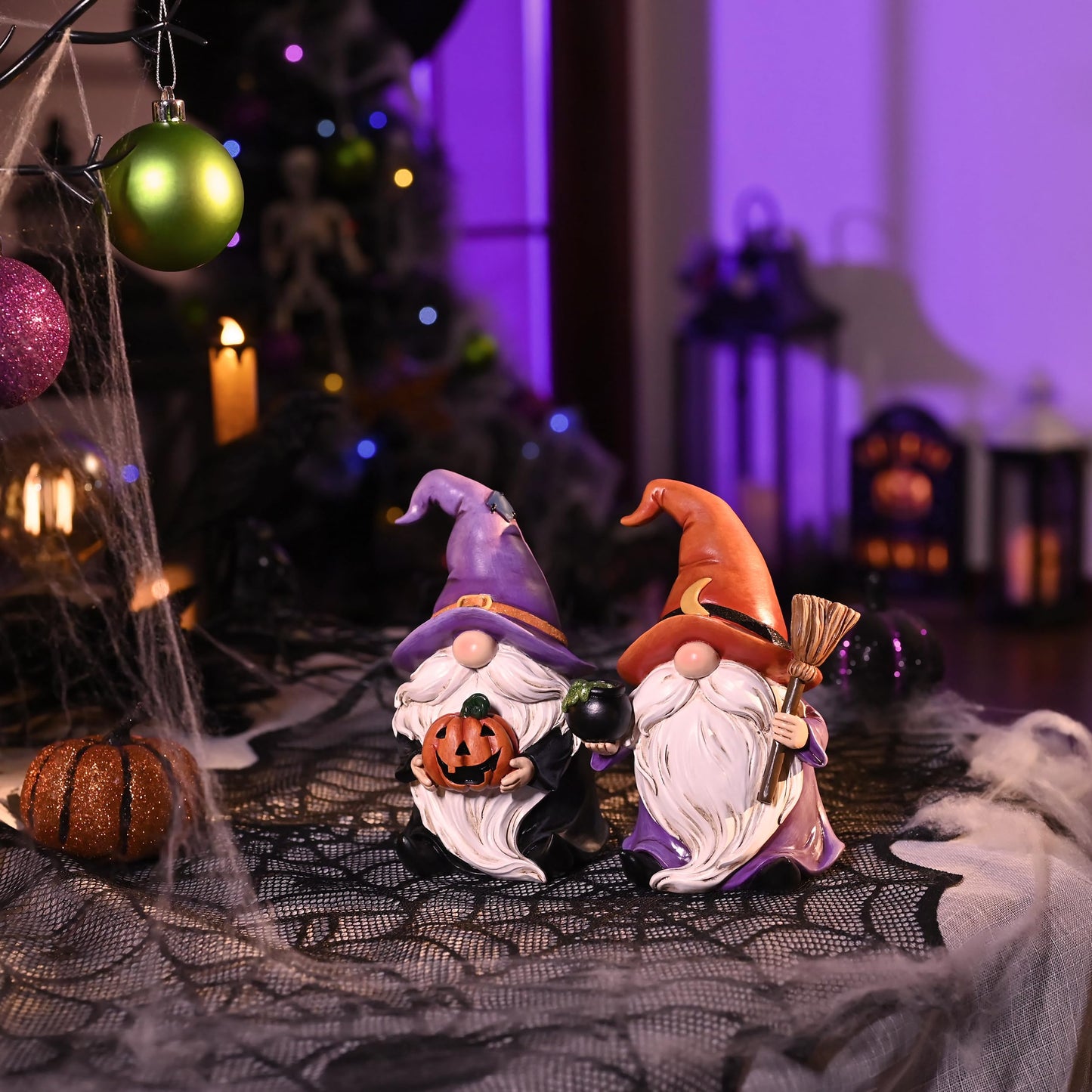 Valery Madelyn Gnomes Halloween Decorations Indoor, 2 Pcs Resin Gnome Decor for Home with Witch Hat Broom Jack O Lantern Moon, Halloween Figurines Elf Dwarf for Table Tiered Tray Outdoor, 6.3"