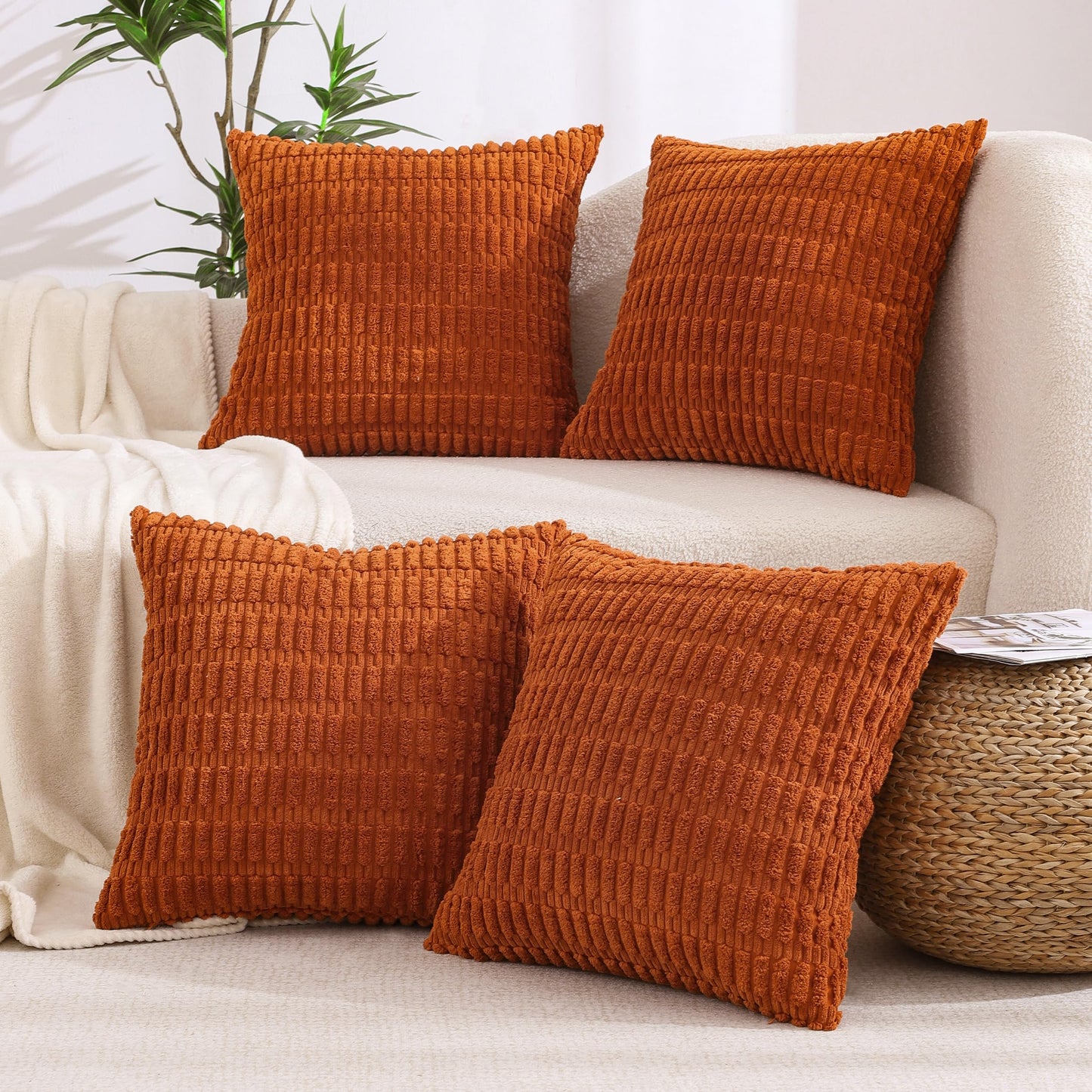 All Smiles Rust Corduroy Throw Pillow Covers 20x20 Set of 4, Fall Boho Farmhouse Square Cushion Case for Living Room Couch Bed Sofa, Burnt Orange Terracotta Thanksgiving Halloween Decor