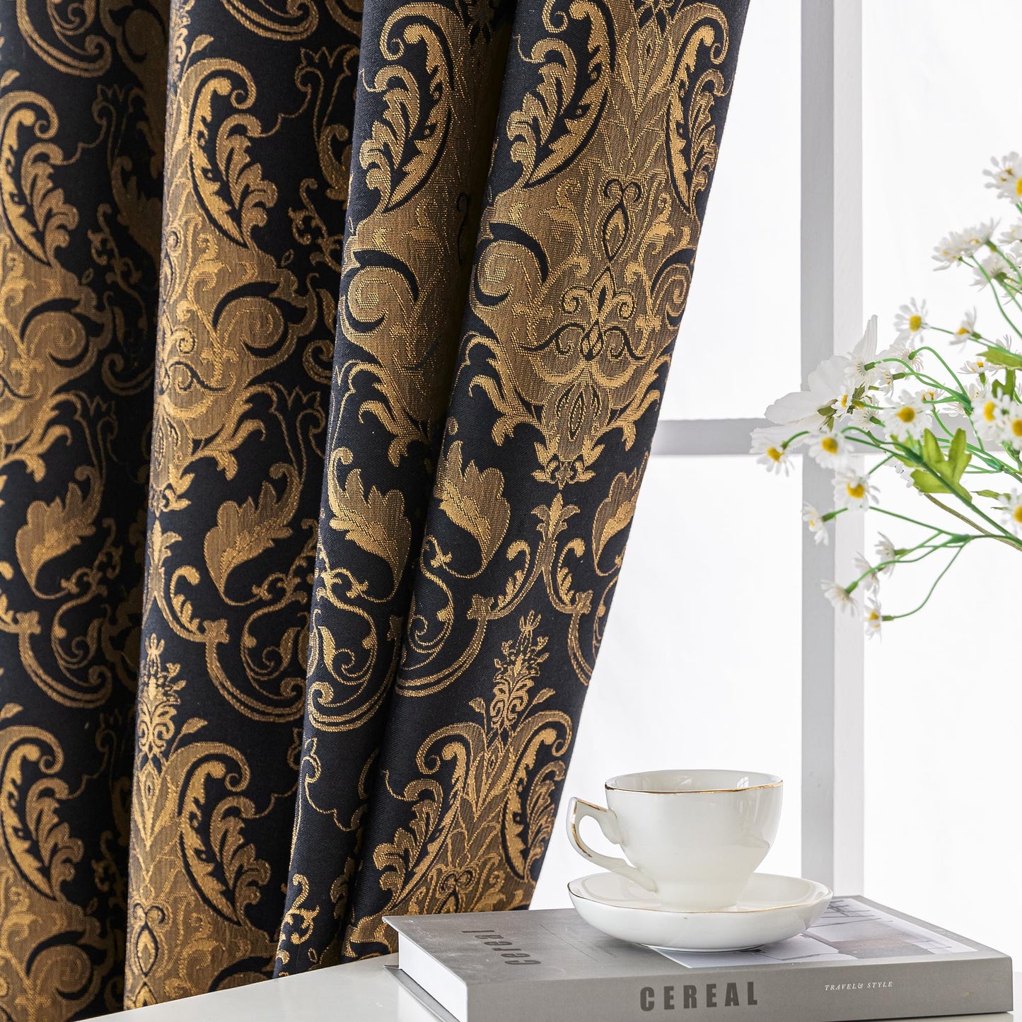 Loom and Mill Luxury Black Damask Curtains for Bedroom, Textured Lined Jacquard Curtains 2 Panels with Tiebacks, Window Curtain for Living Room Banquet Halloween Decor, Rod Pocket(42”x 63”, 2 Panels)