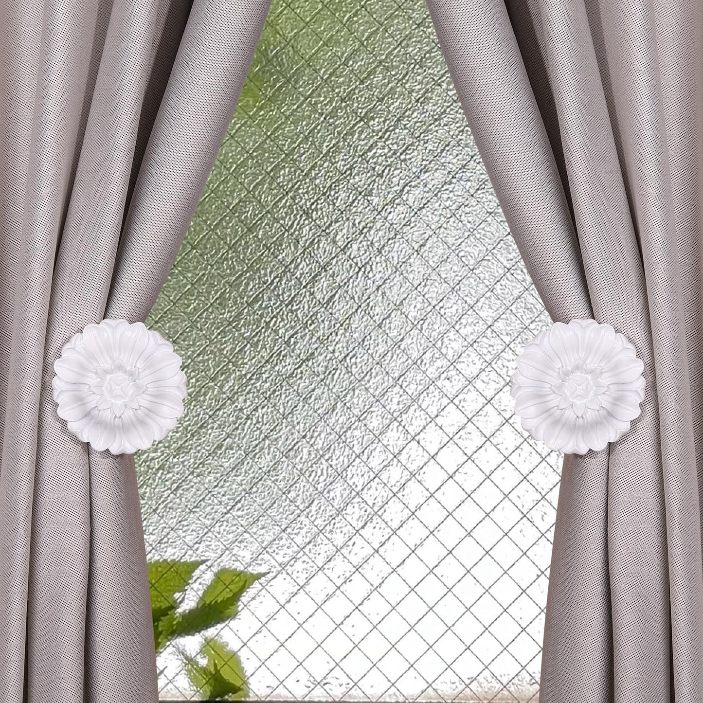 SUQIOME Set of 2 Blossom Window Drapery Vintage Curtain Adhesive Medallion Holdbacks Tiebacks, Wall Hook, Tassel Holder for Room (White)