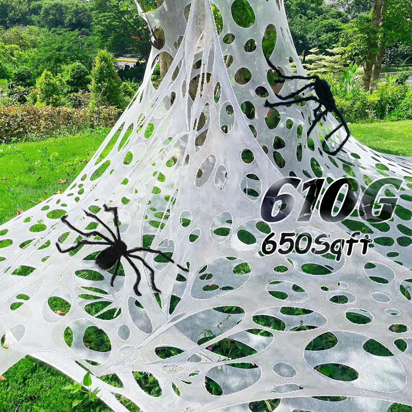 Homgaty Giant Halloween Spider Web, 650sqft Stretchy Beef Netting Halloween Spider Web Outdoor Decoration Cut-Your-Own Netting Spiders Webbing for Halloween Decor, Yard, Roof, Garden, MRPTDE1586